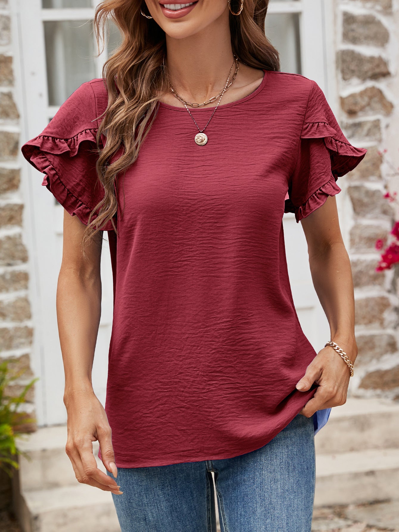 Textured Petal Sleeve Round Neck Tee