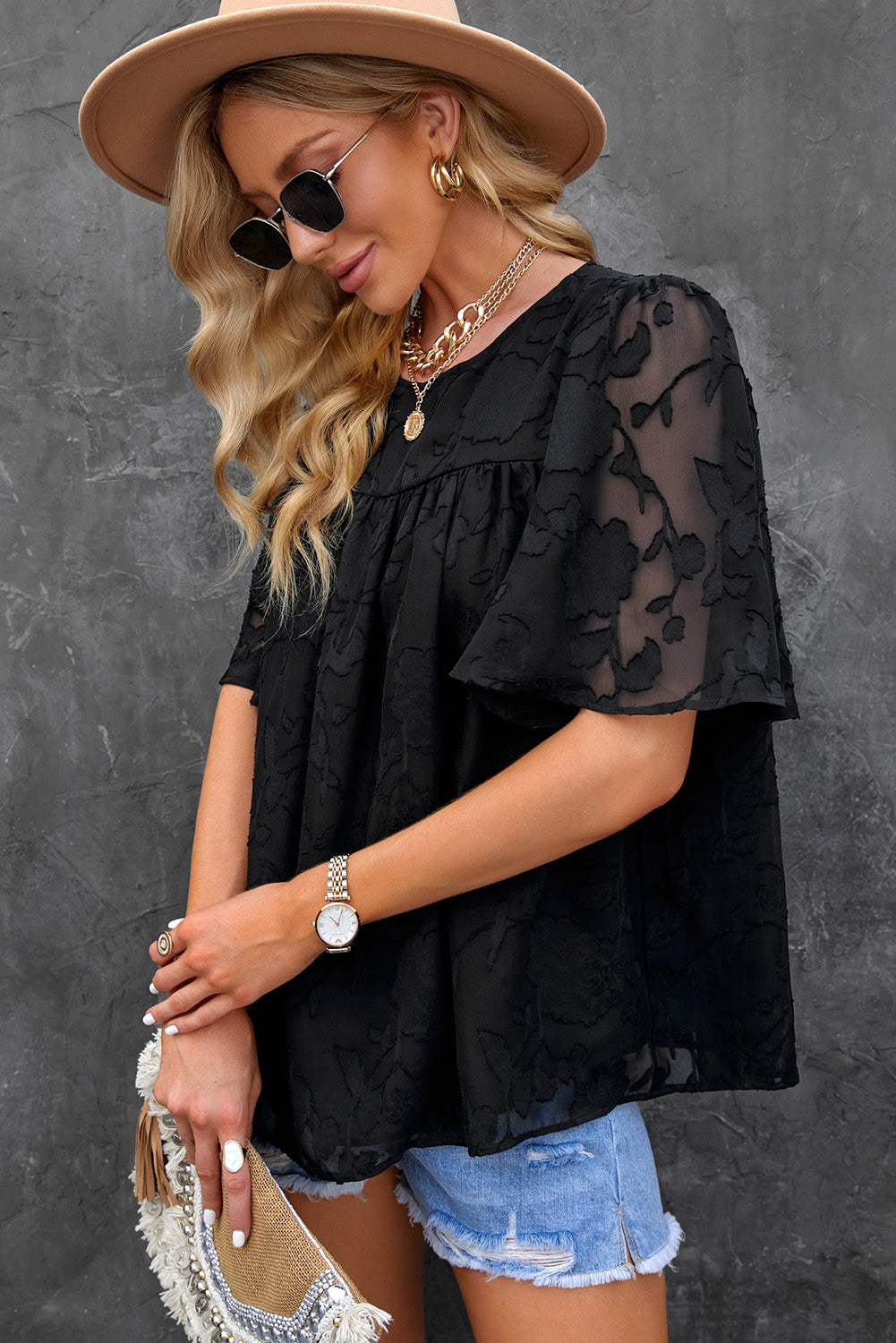 Round Neck Puff Sleeve Blouse