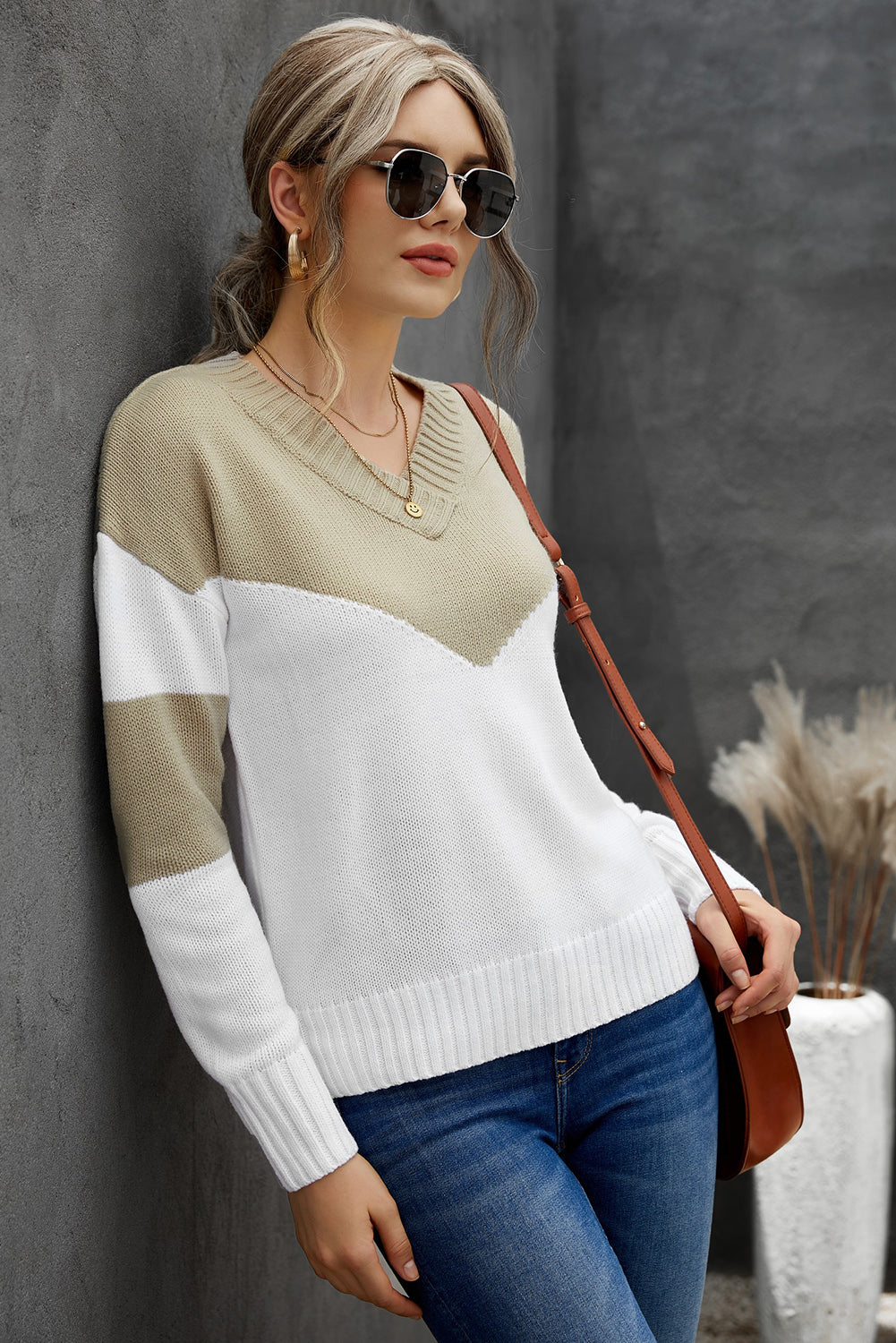 Chevron Color Block V-Neck Dropped Shoulder Sweater