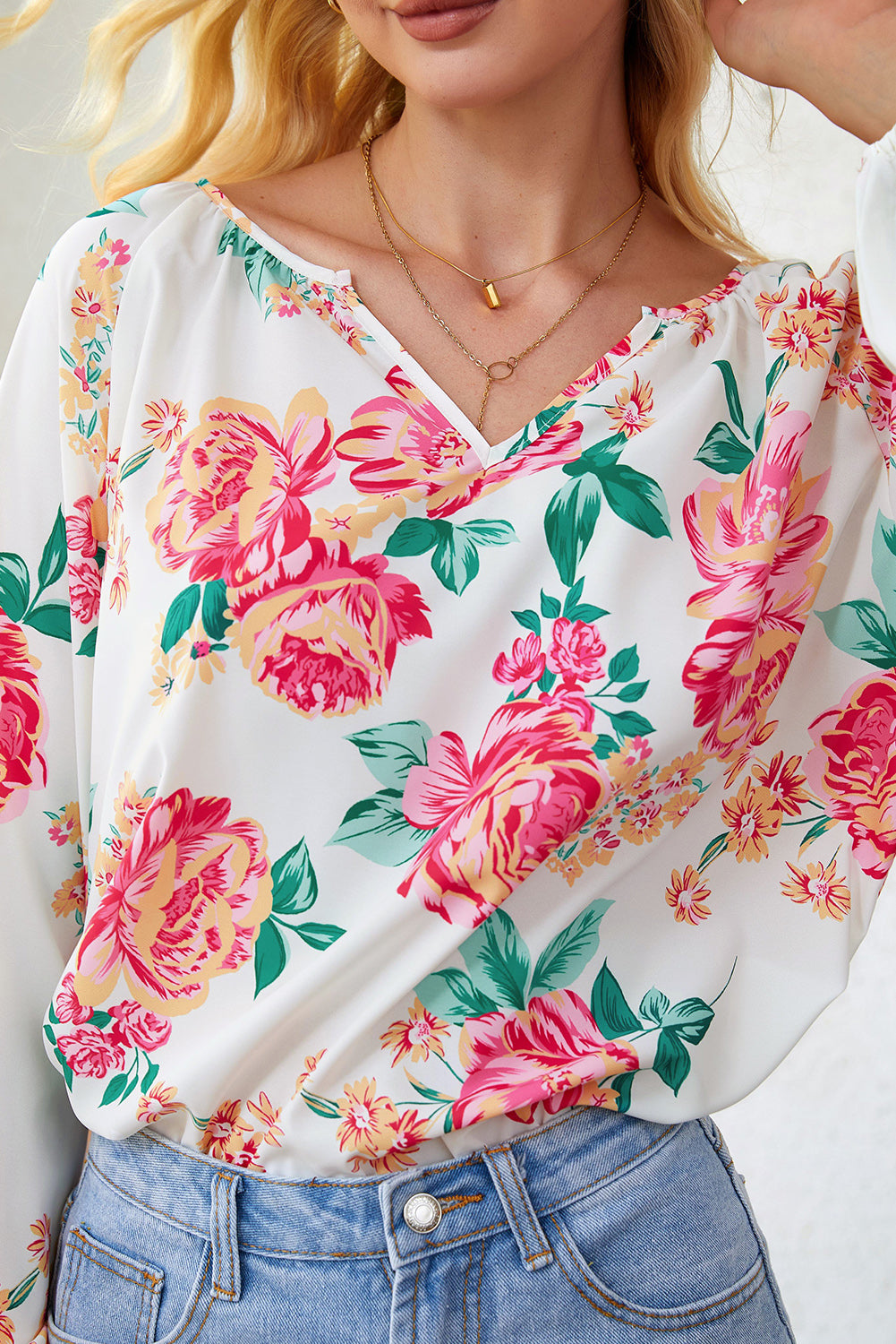 Floral Notched Neck Long Sleeve Blouse