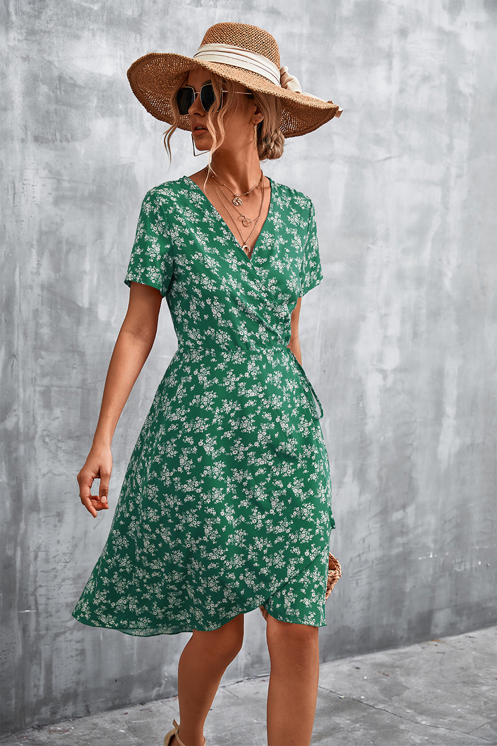 Floral Surplice Neck Flutter Sleeve Dress