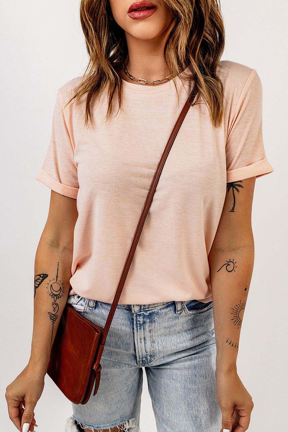 Round Neck Cuffed Short Sleeve Tee