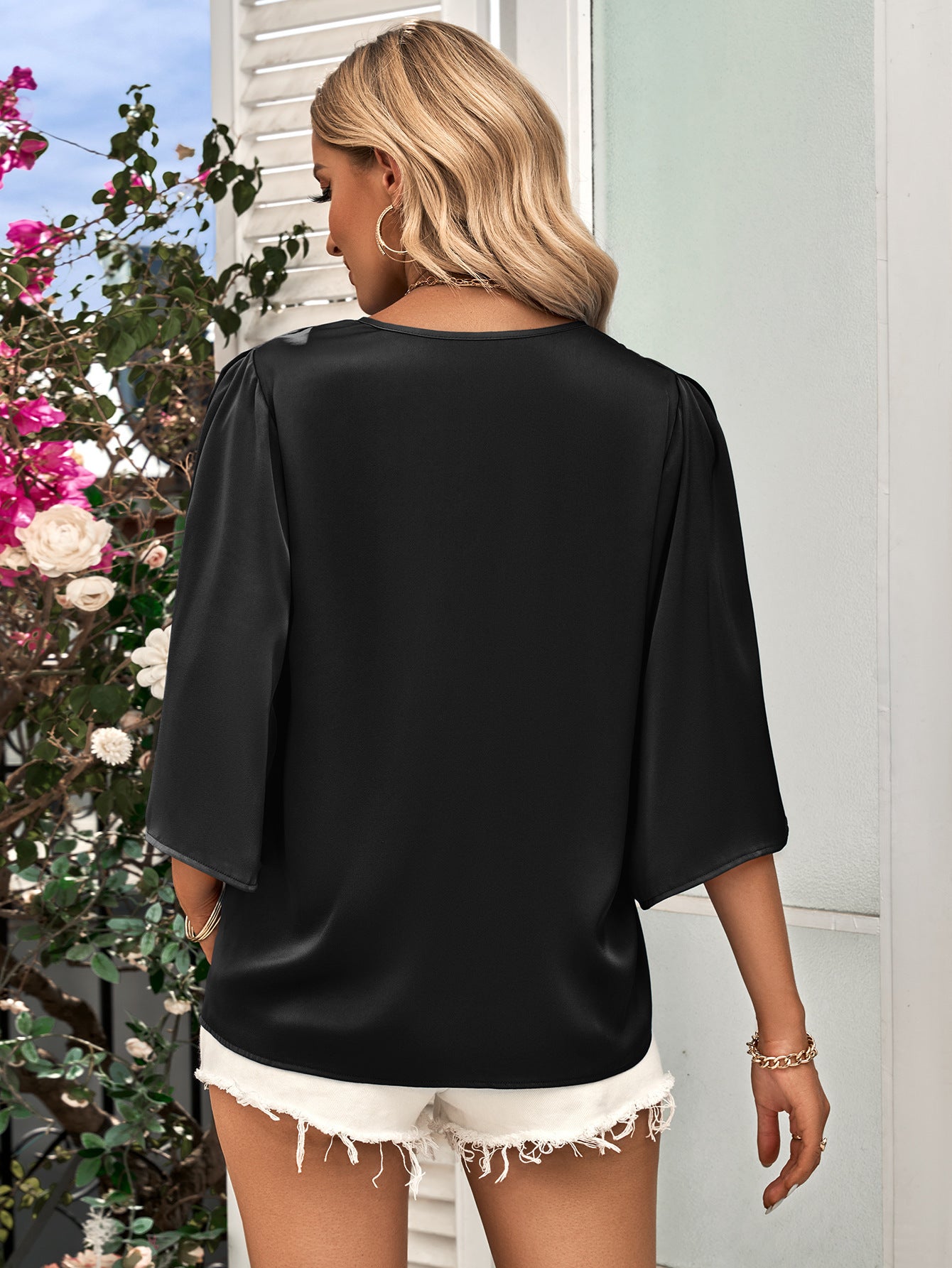 Three-Quarter Flare Sleeve V-Neck Blouse