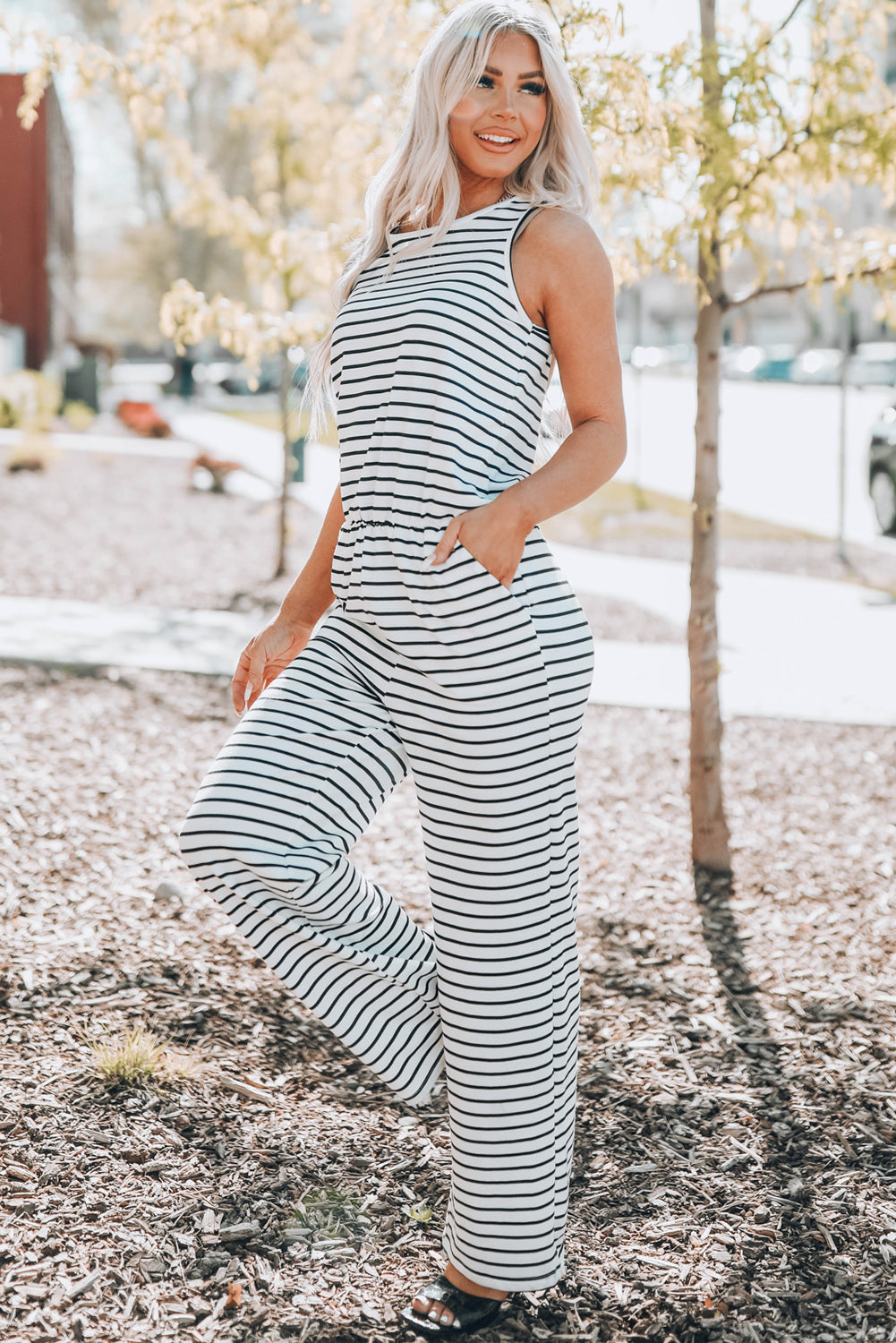 Striped Sleeveless Jumpsuit with Pockets