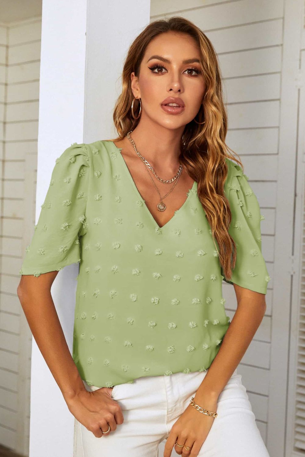 Swiss Dot V-Neck Puff Sleeve Blouse