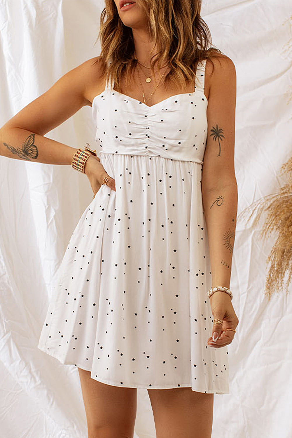 Star Print Ruched Sleeveless Dress