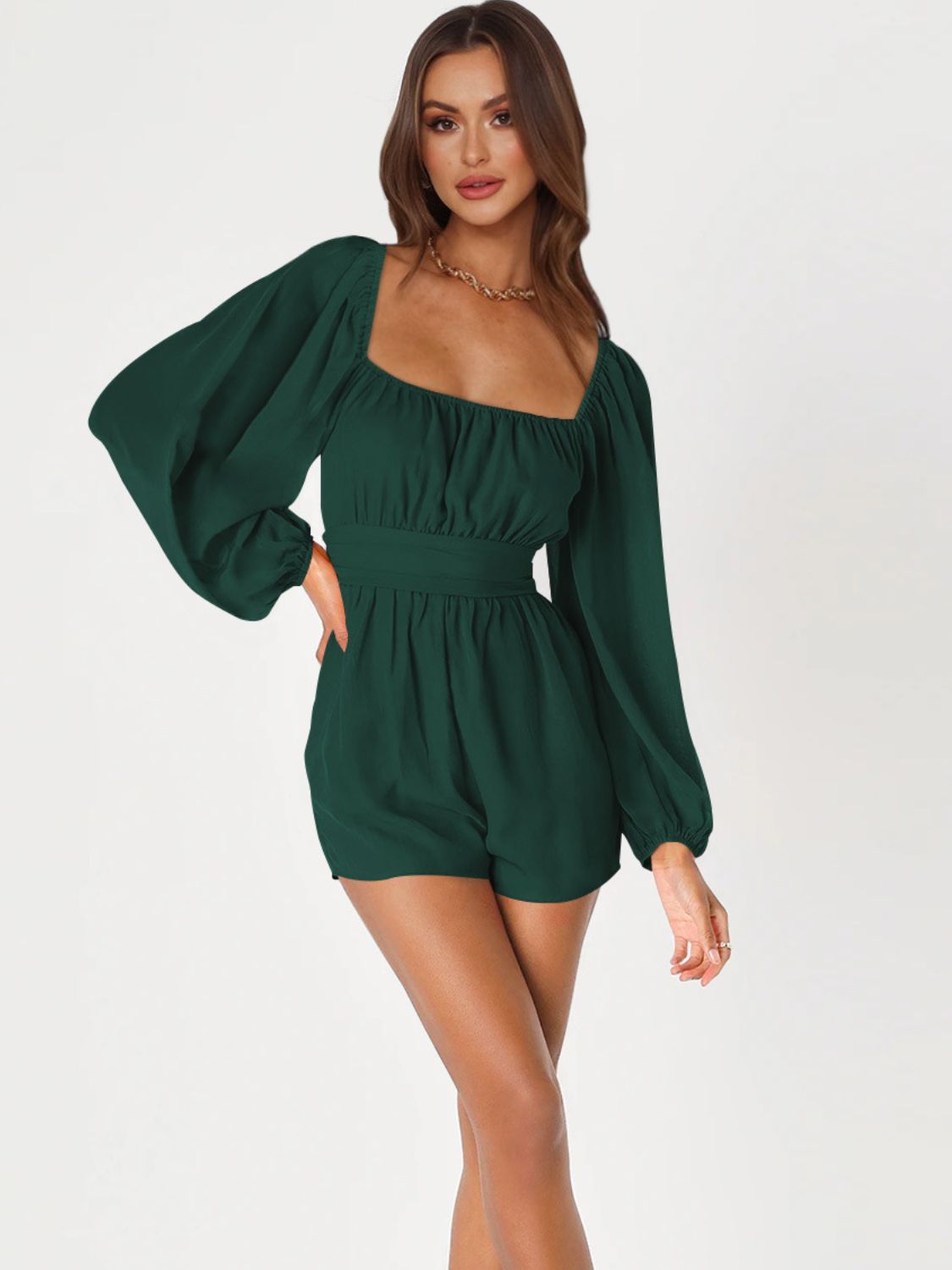 Tie Back Smocked Balloon Sleeve Romper