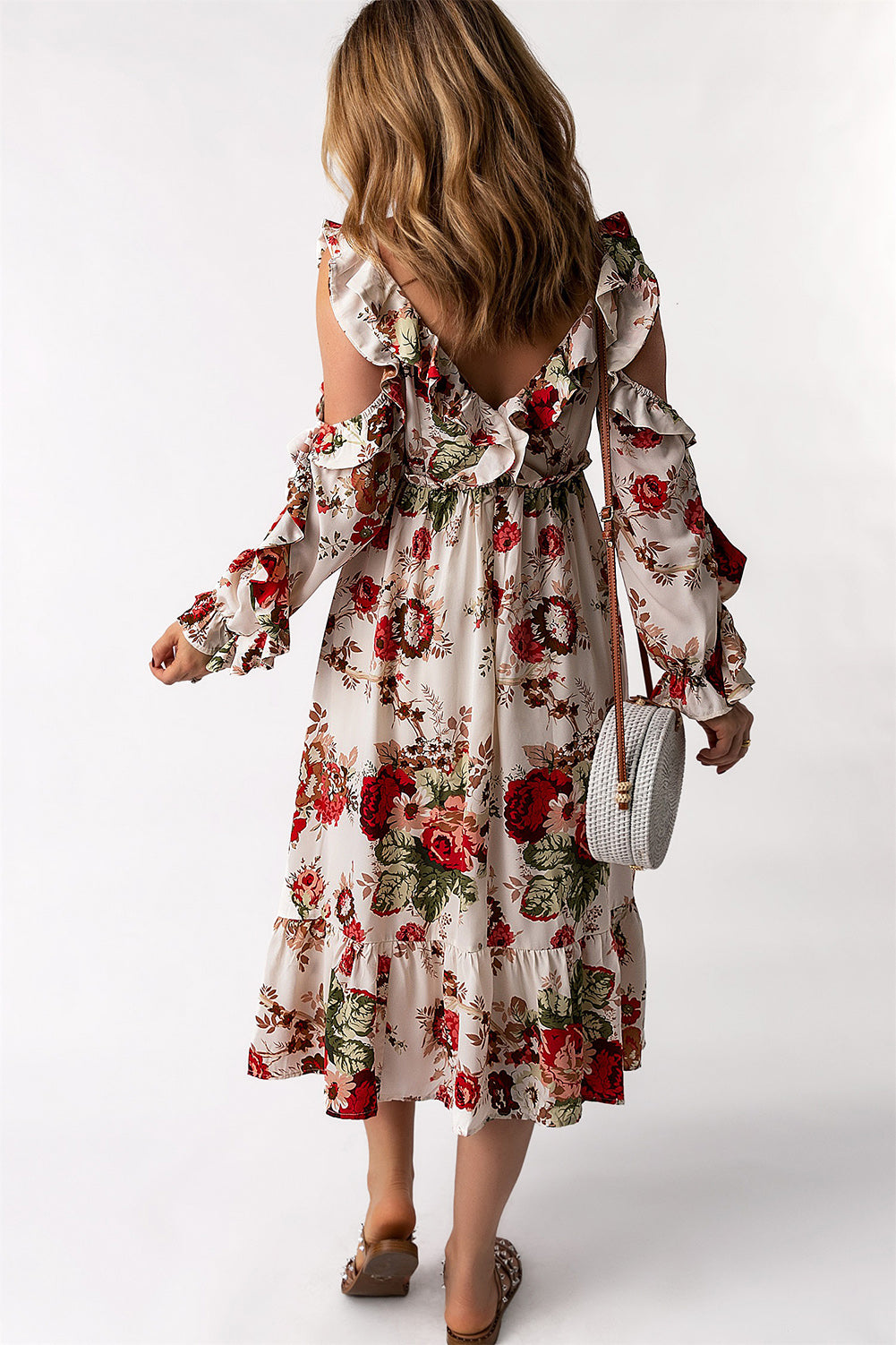 Floral Cold-Shoulder Ruffled Dress