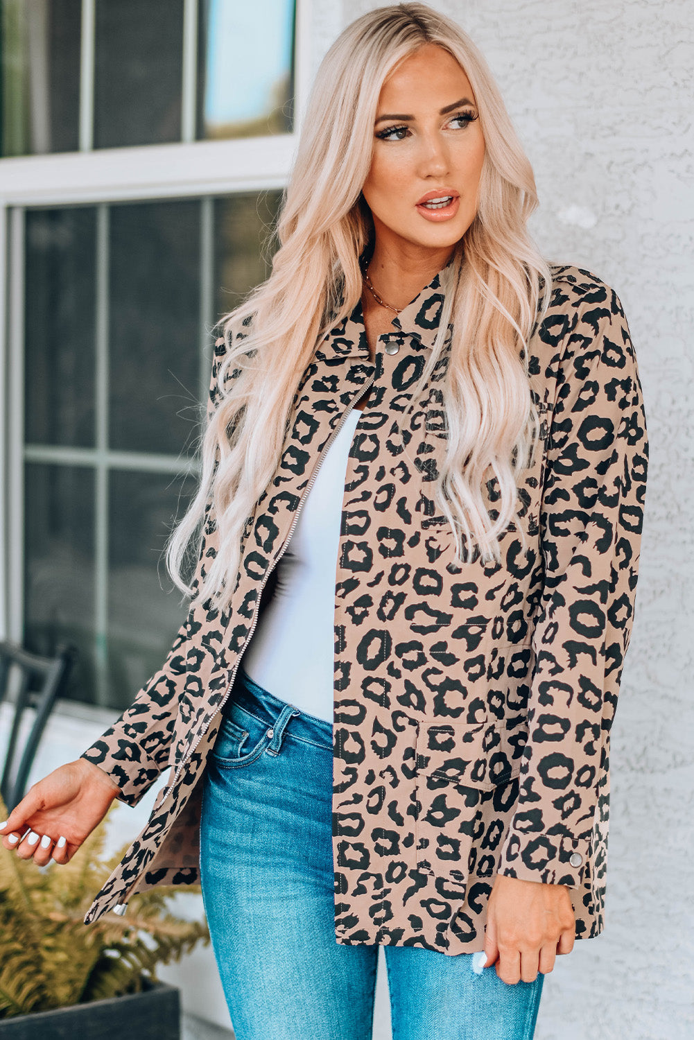 Leopard Drawstring Waist Jacket with Pockets