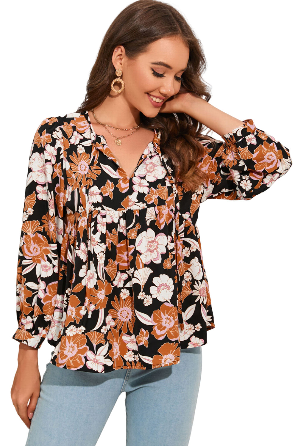 Floral Tie Neck Babydoll Blouse