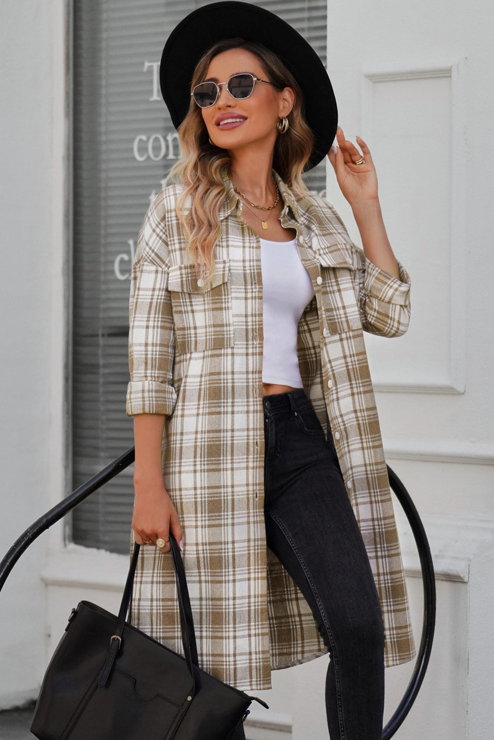 Plaid Button-Up Longline Shacket with Breast Pockets