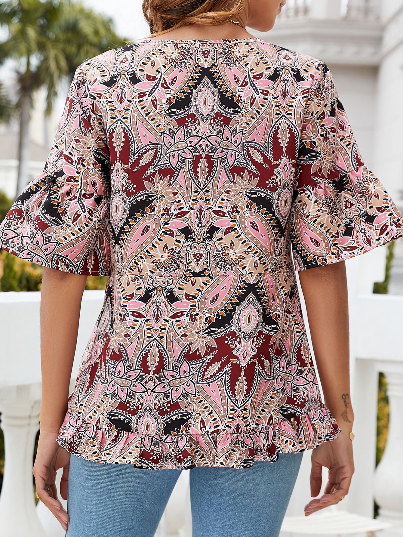 Printed Flounce Sleeve Ruffle Hem Blouse