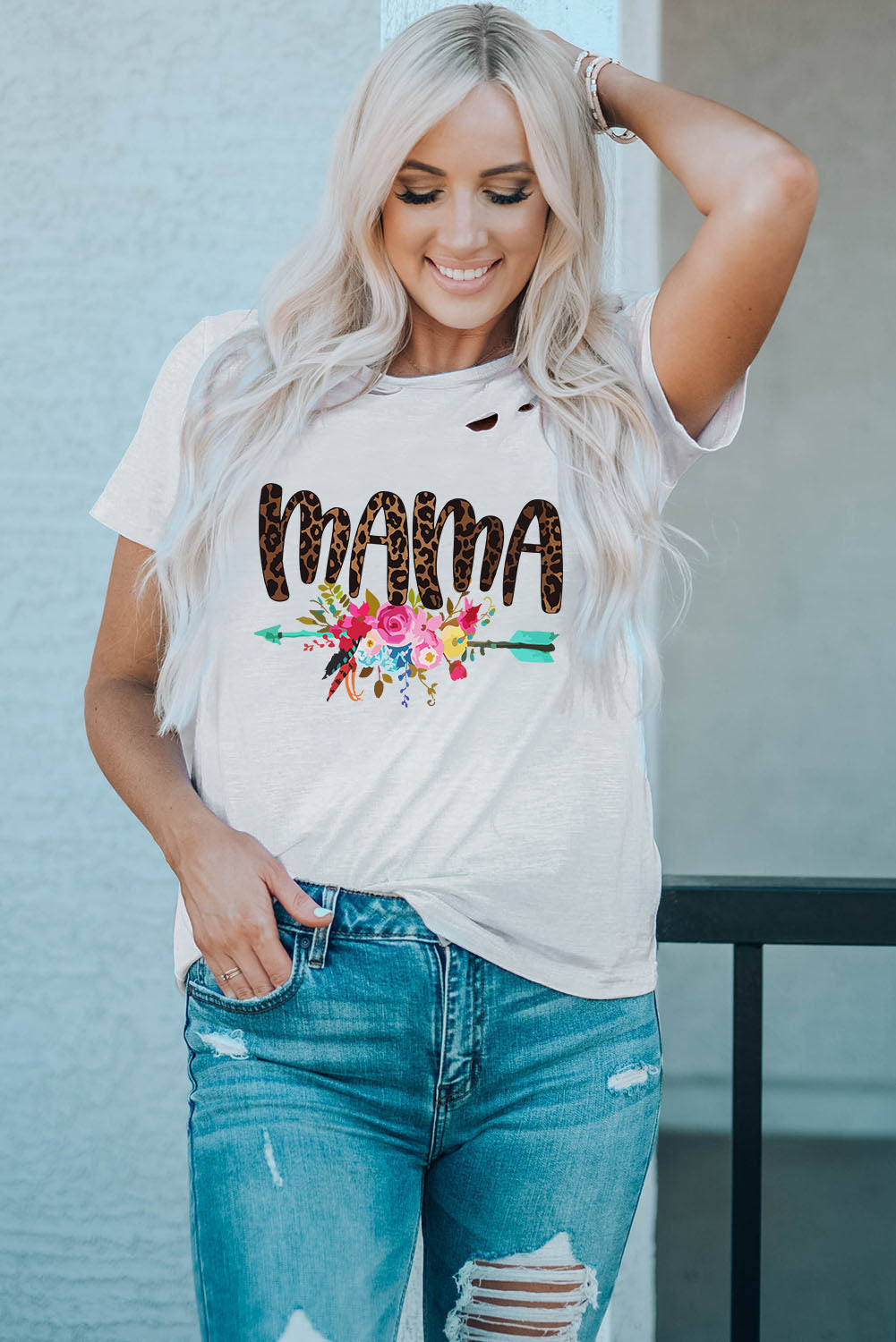 MAMA Graphic Distressed Round Neck Tee