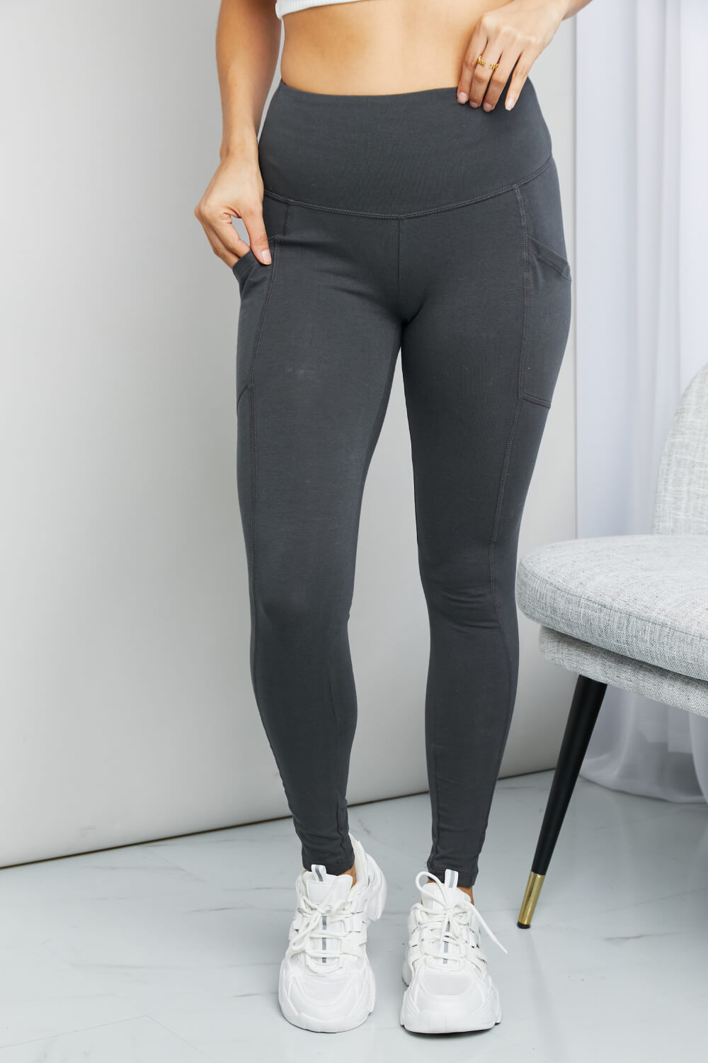 Zenana Ready to Roll Full Size Wide Waistband Pocket Leggings in Ash Grey