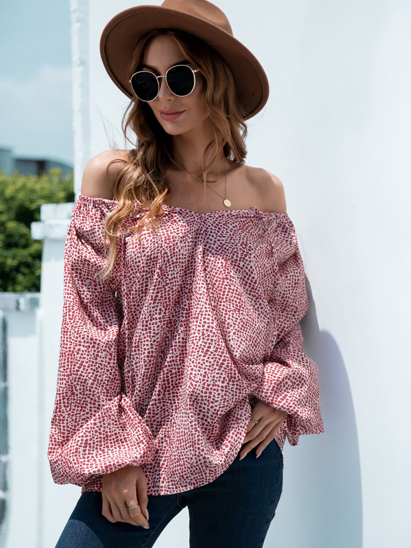 Printed Tie-Neck Balloon Sleeve Blouse