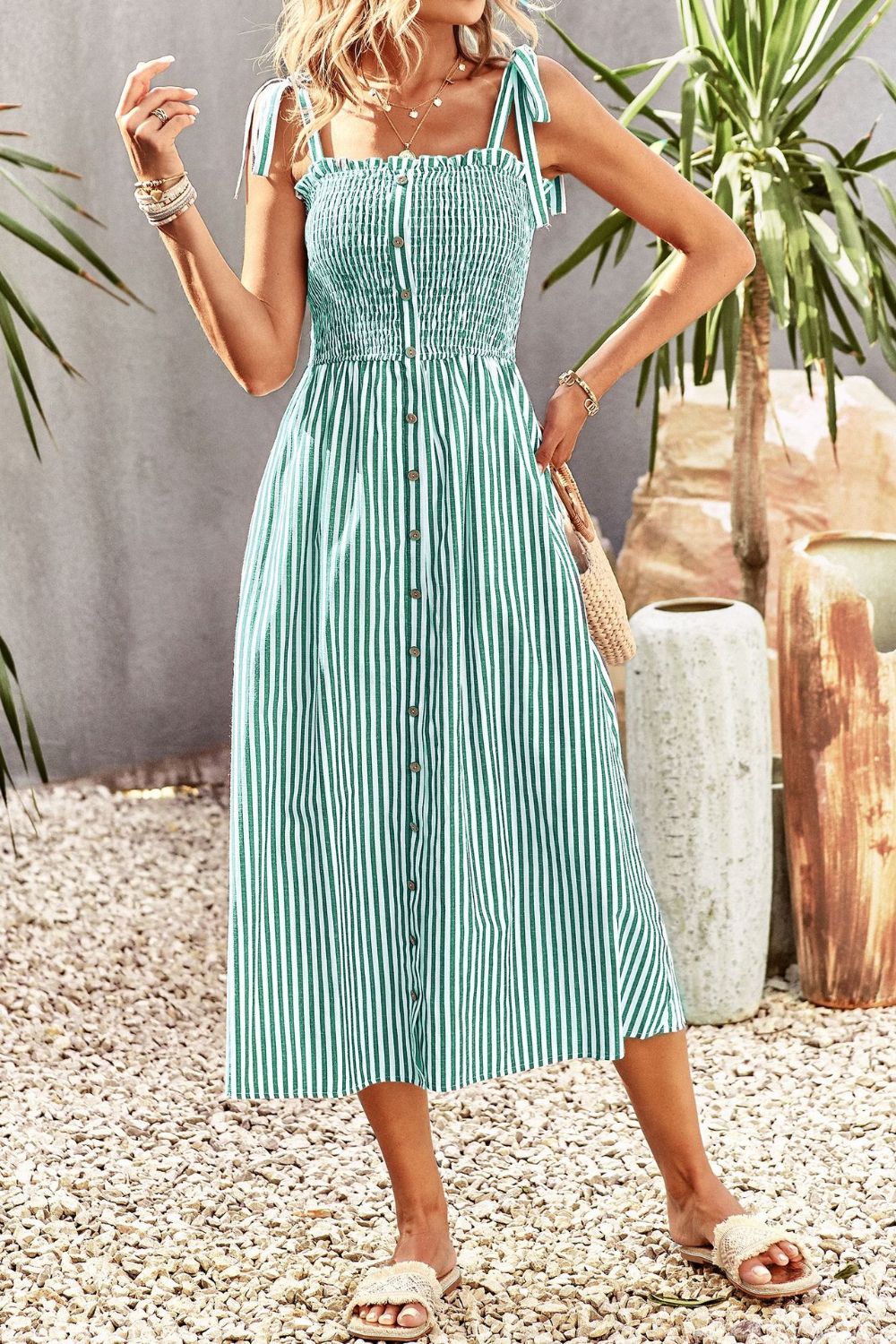 Smocked Tie Strap Sleeveless Striped Midi Dress