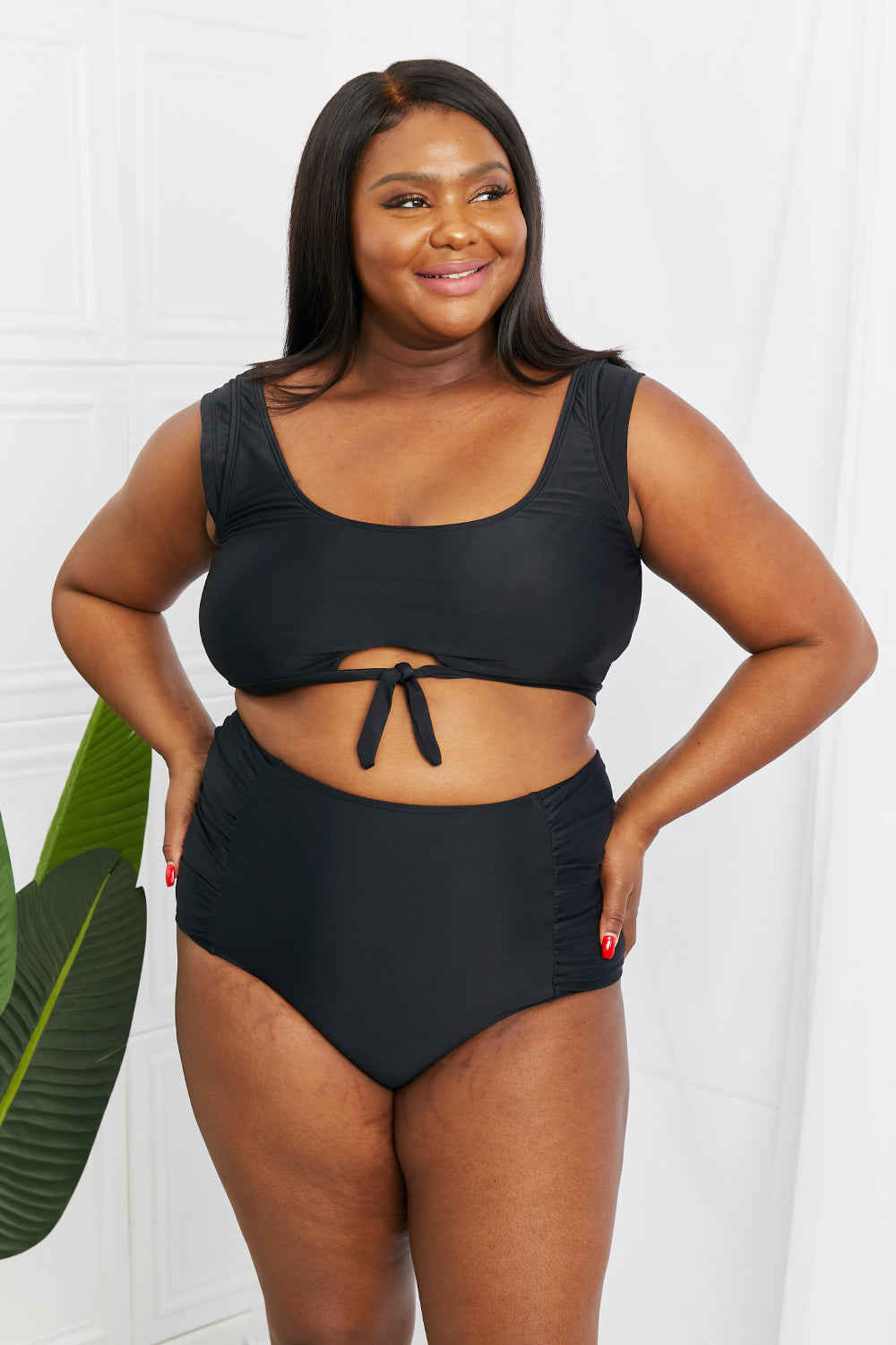 Marina West Swim Sanibel Crop Swim Top and Ruched Bottoms Set in Black