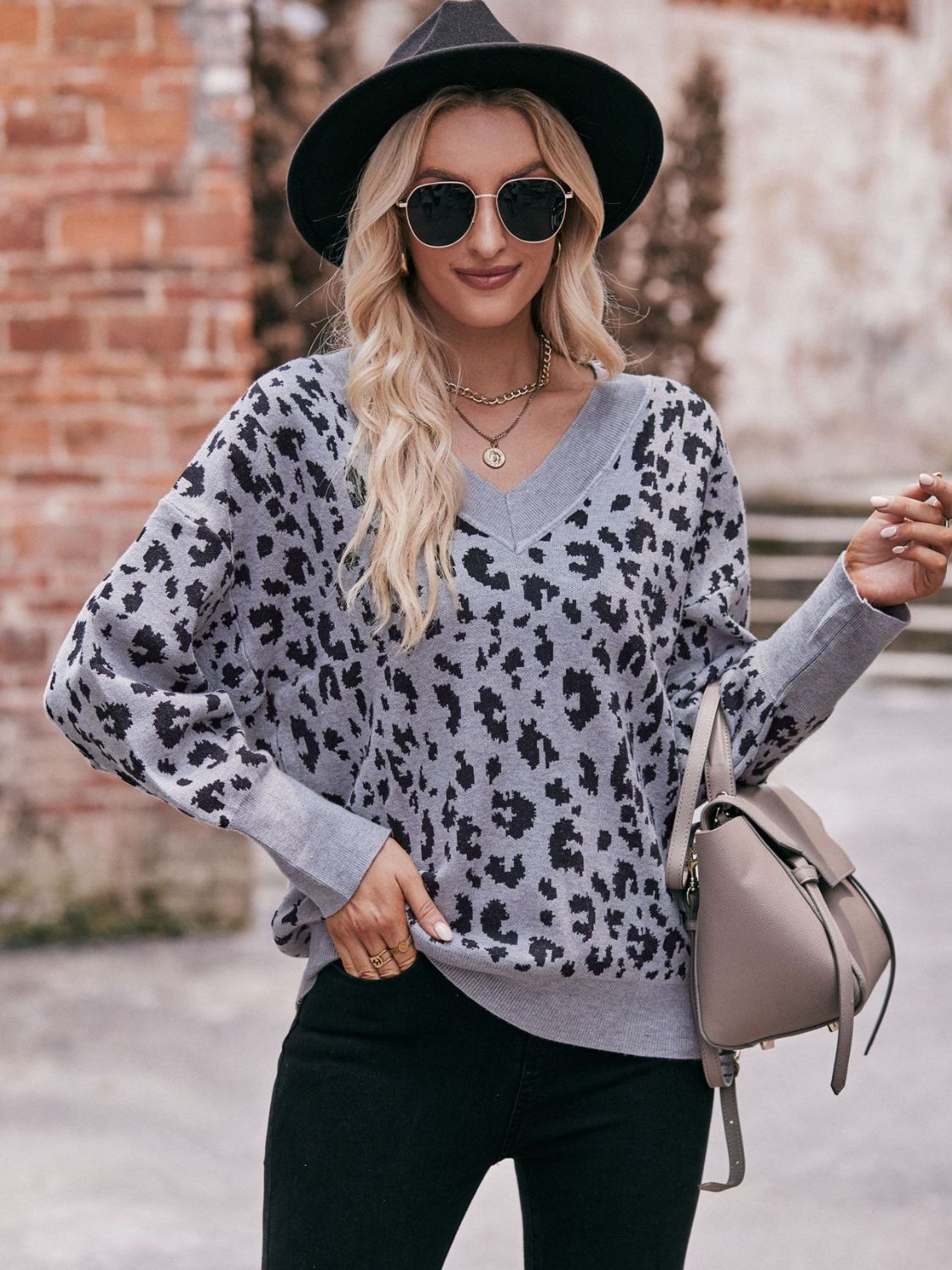 Leopard V-Neck Dropped Shoulder Top