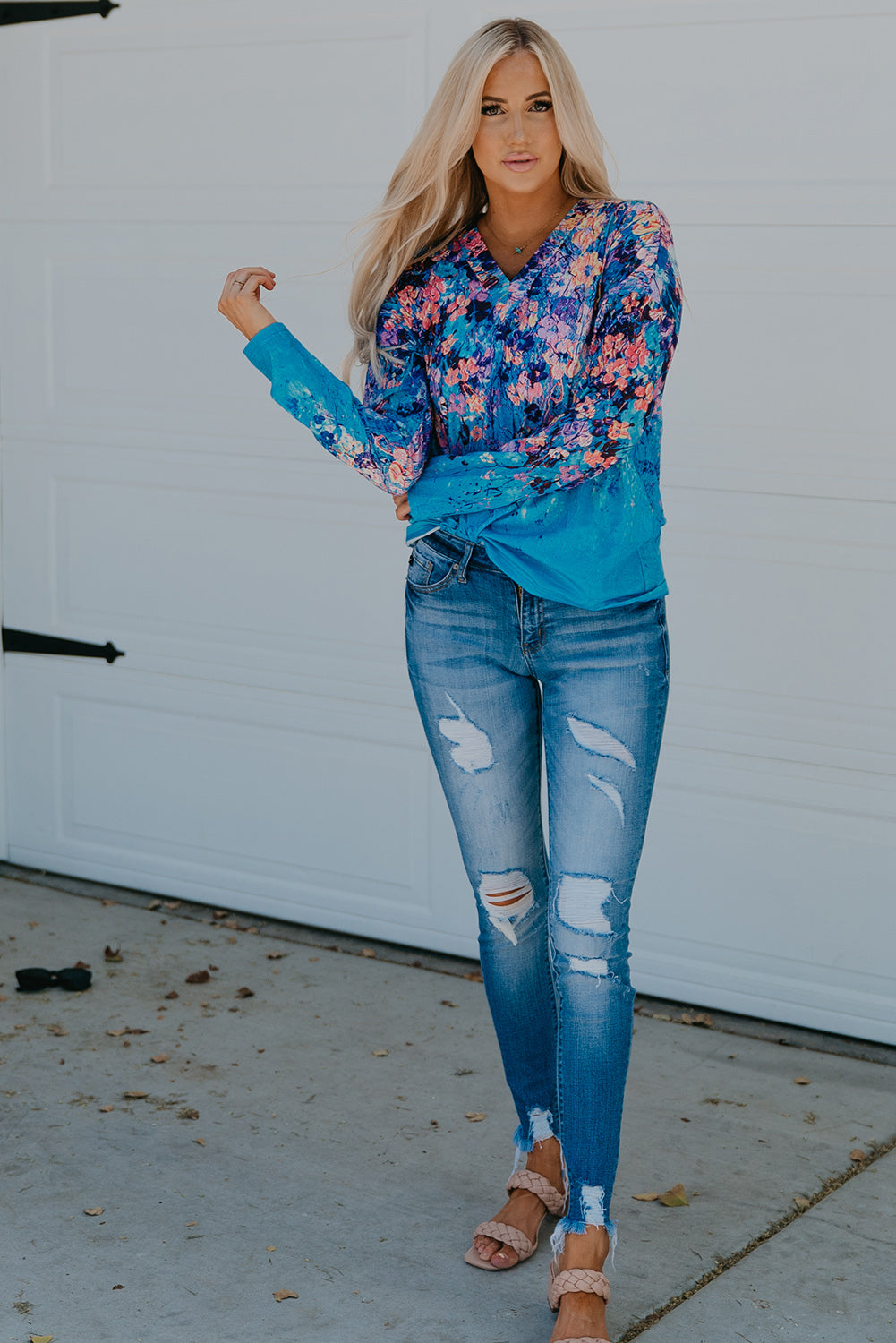 Floral V-Neck Long Sleeve Top