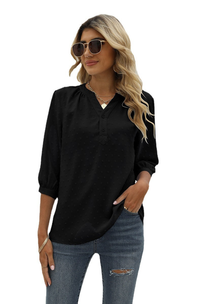 Swiss Dot Notched Neck Three-Quarter Sleeve Blouse