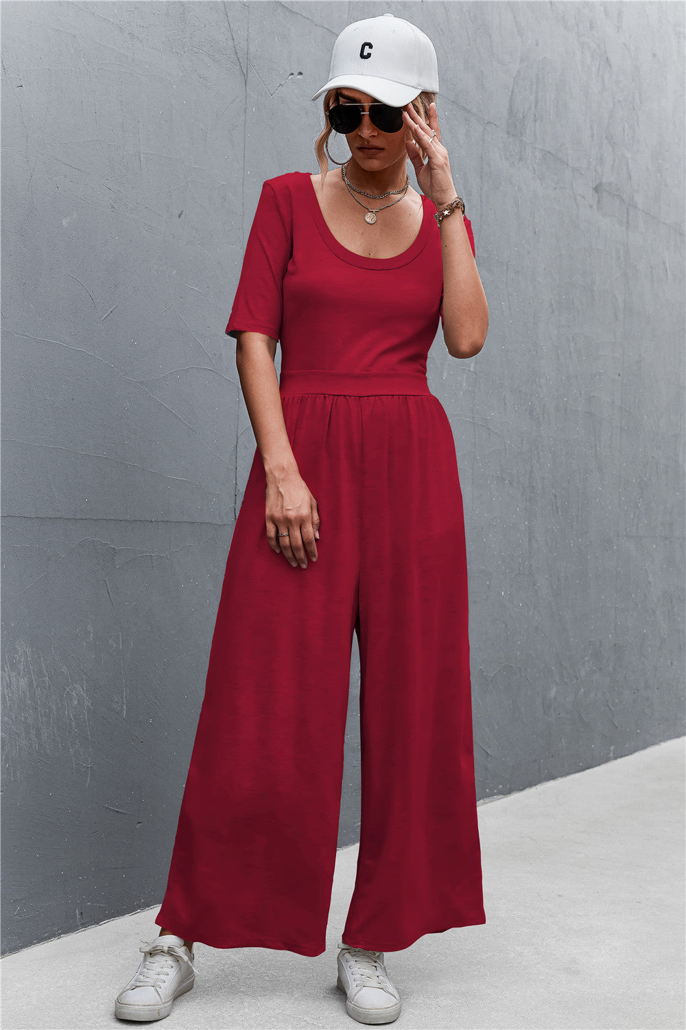 Scoop Neck Half Sleeve Wide Leg Jumpsuit