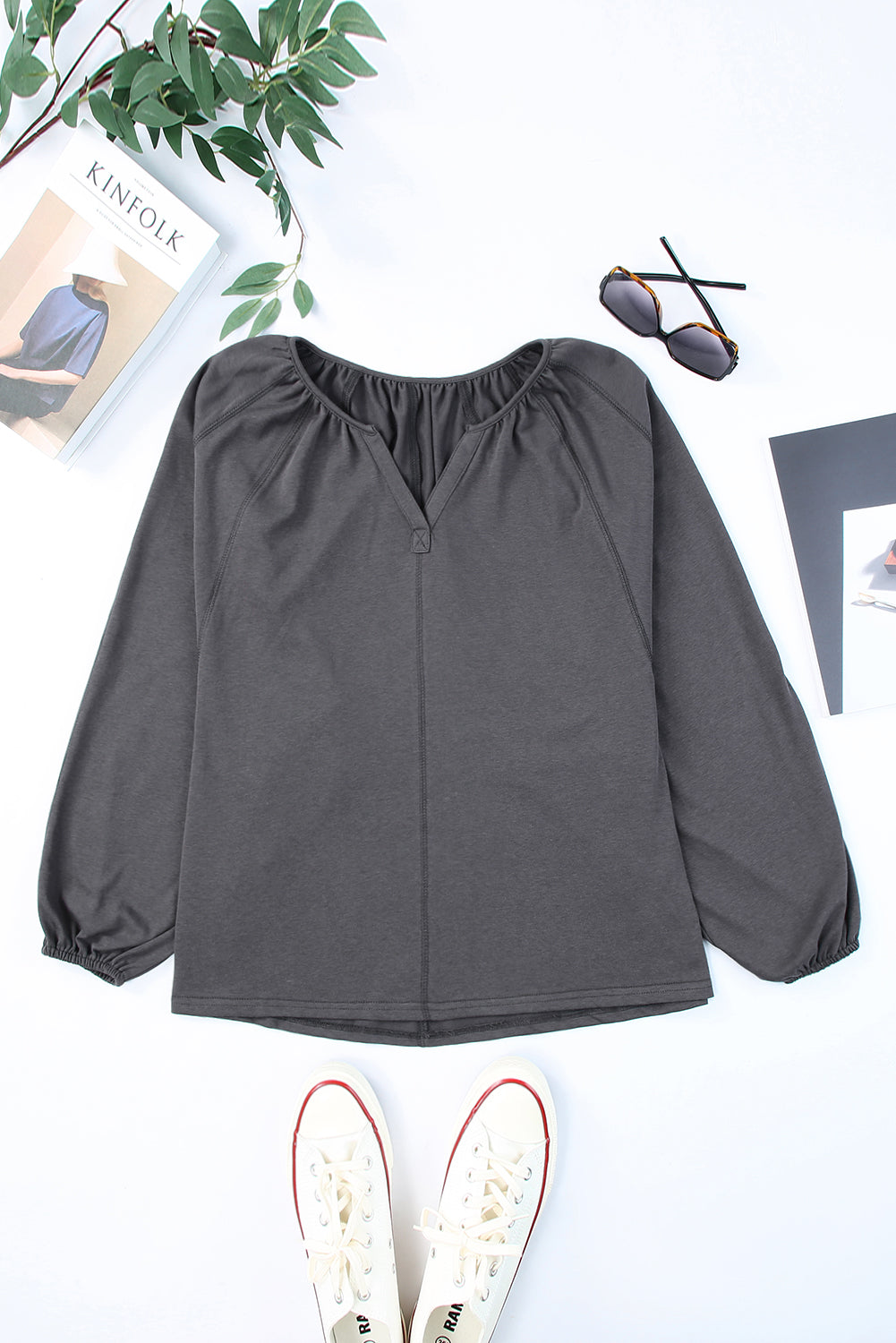 Notched Neck Balloon Sleeve Blouse