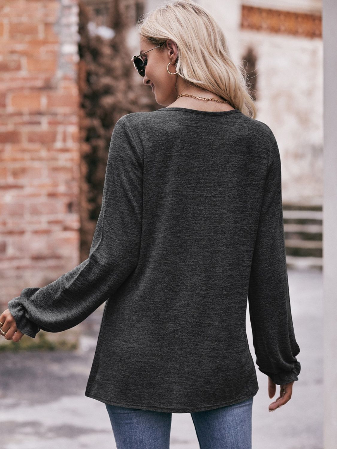 Long Flounce Sleeve Round Neck Blouse