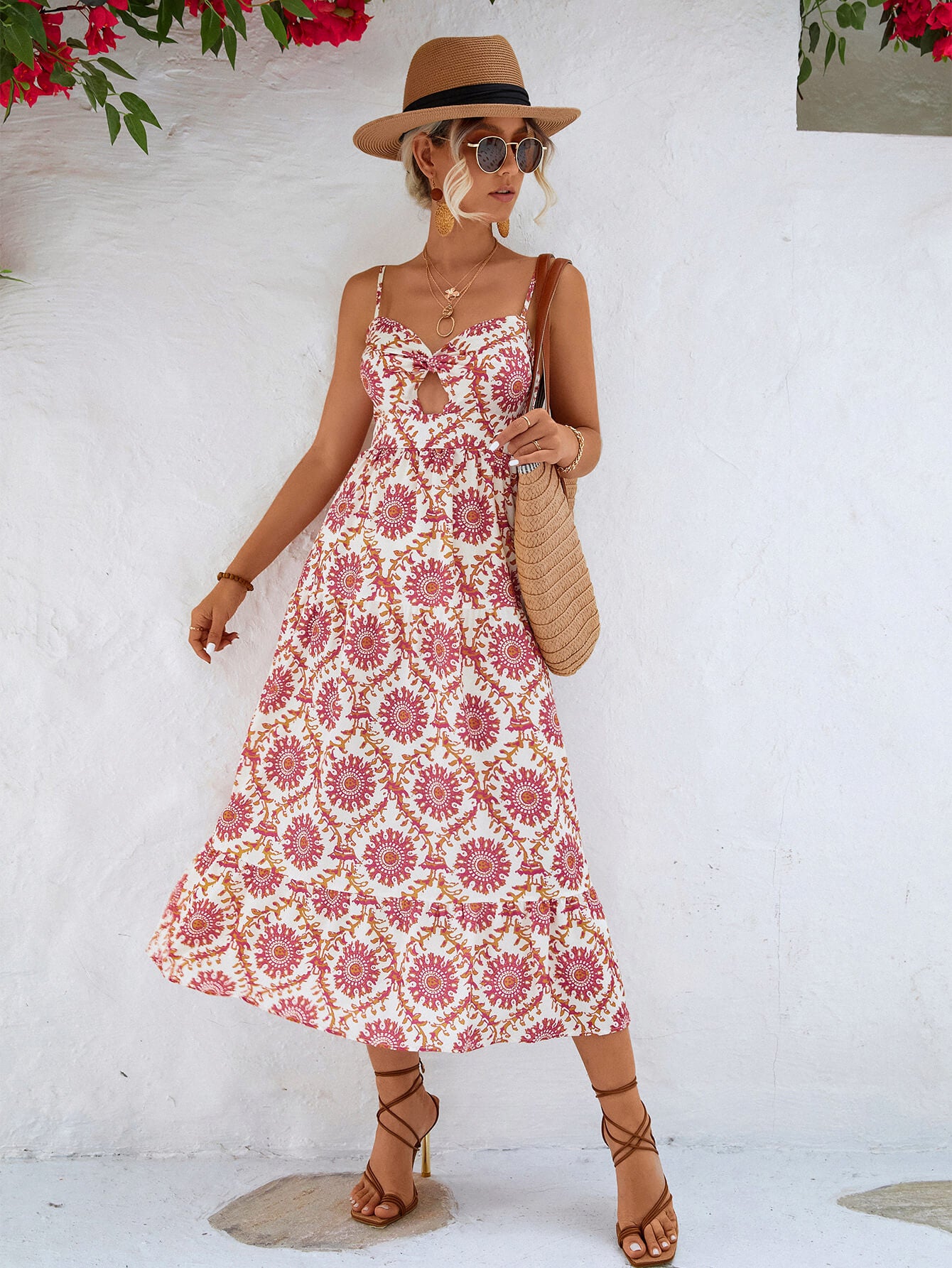 Printed Cutout Spaghetti Strap Midi Dress