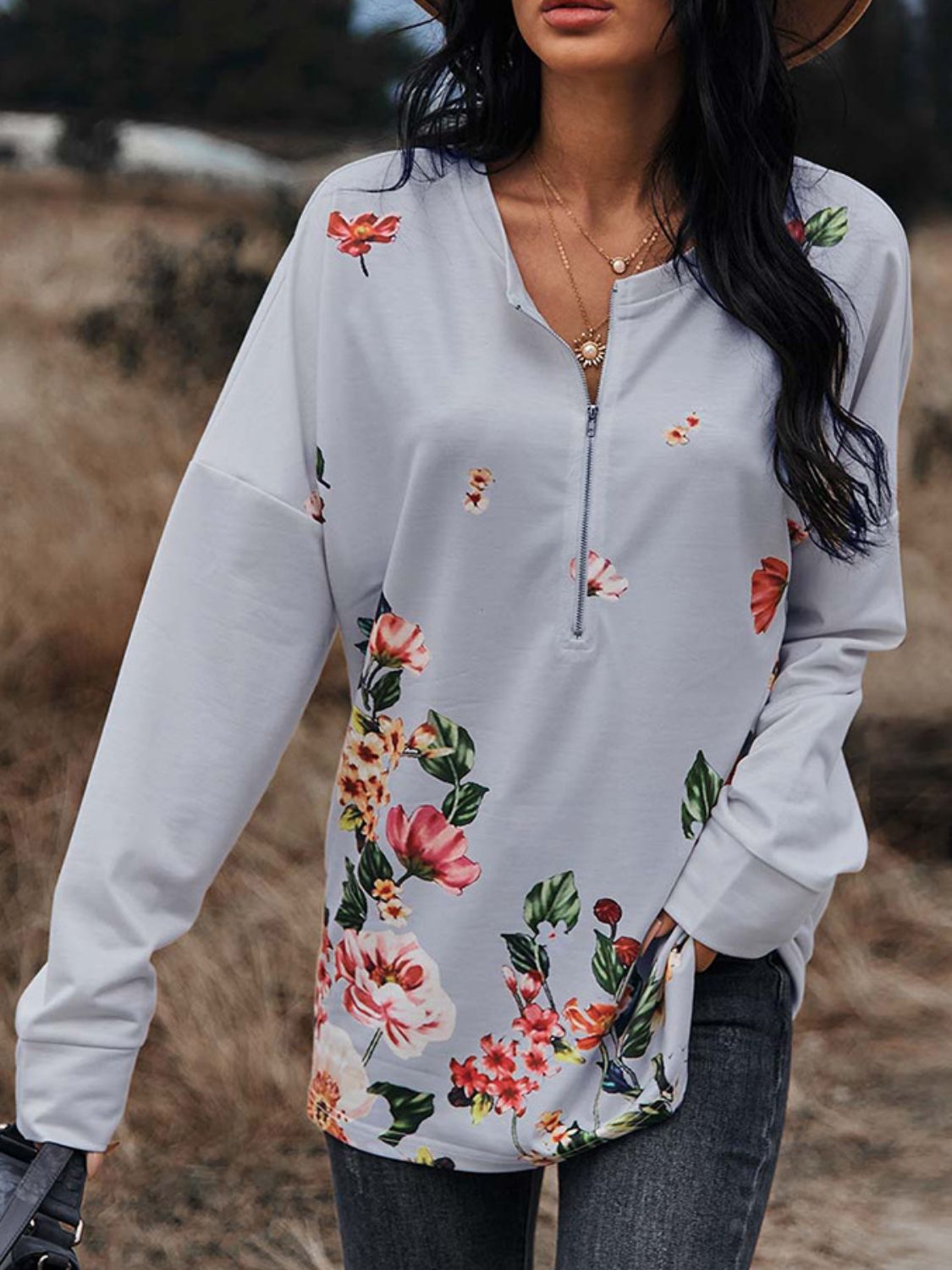 Floral Print Drop Shoulder Front Zipper Blouse