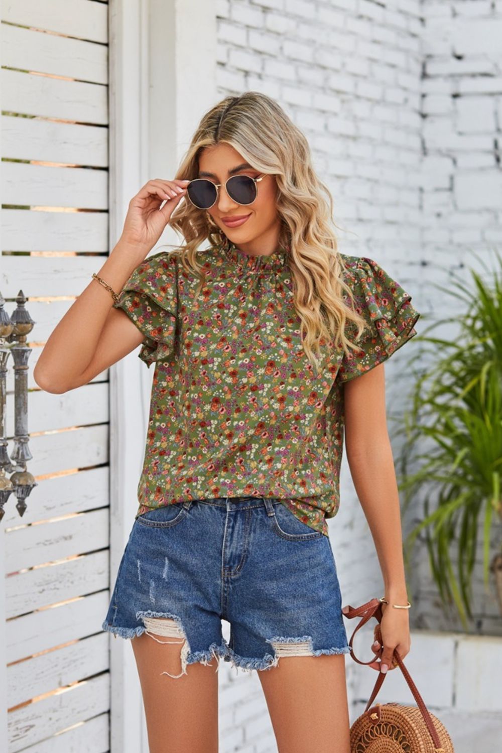 Floral Ruffle Collar Flutter Sleeve Blouse