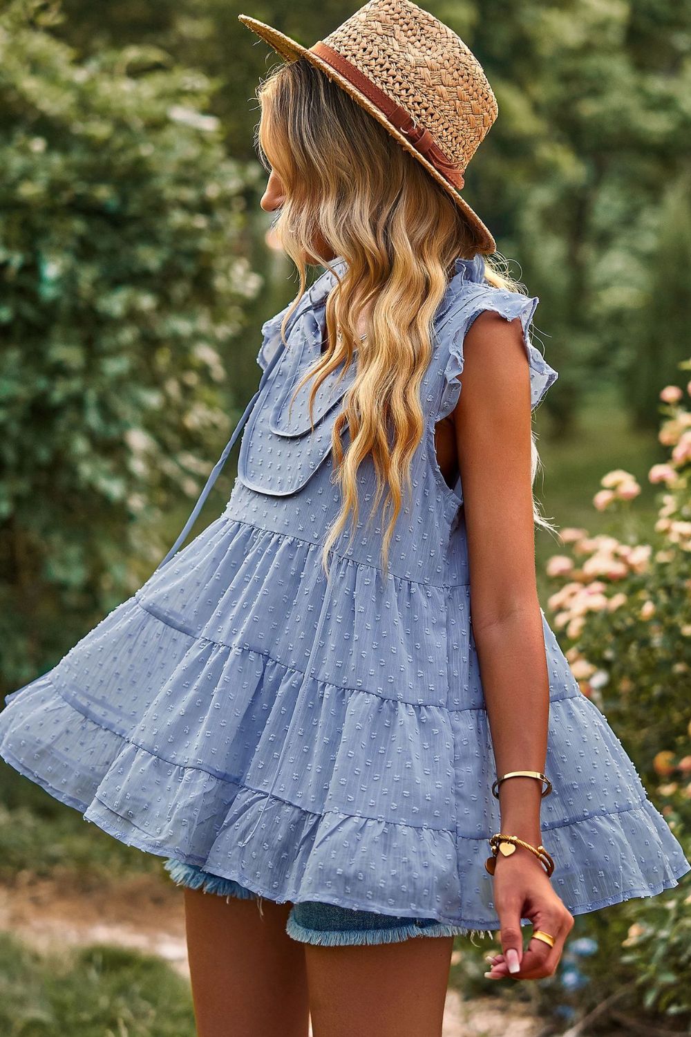 Swiss Dot Ruffle Shoulder Tiered Top