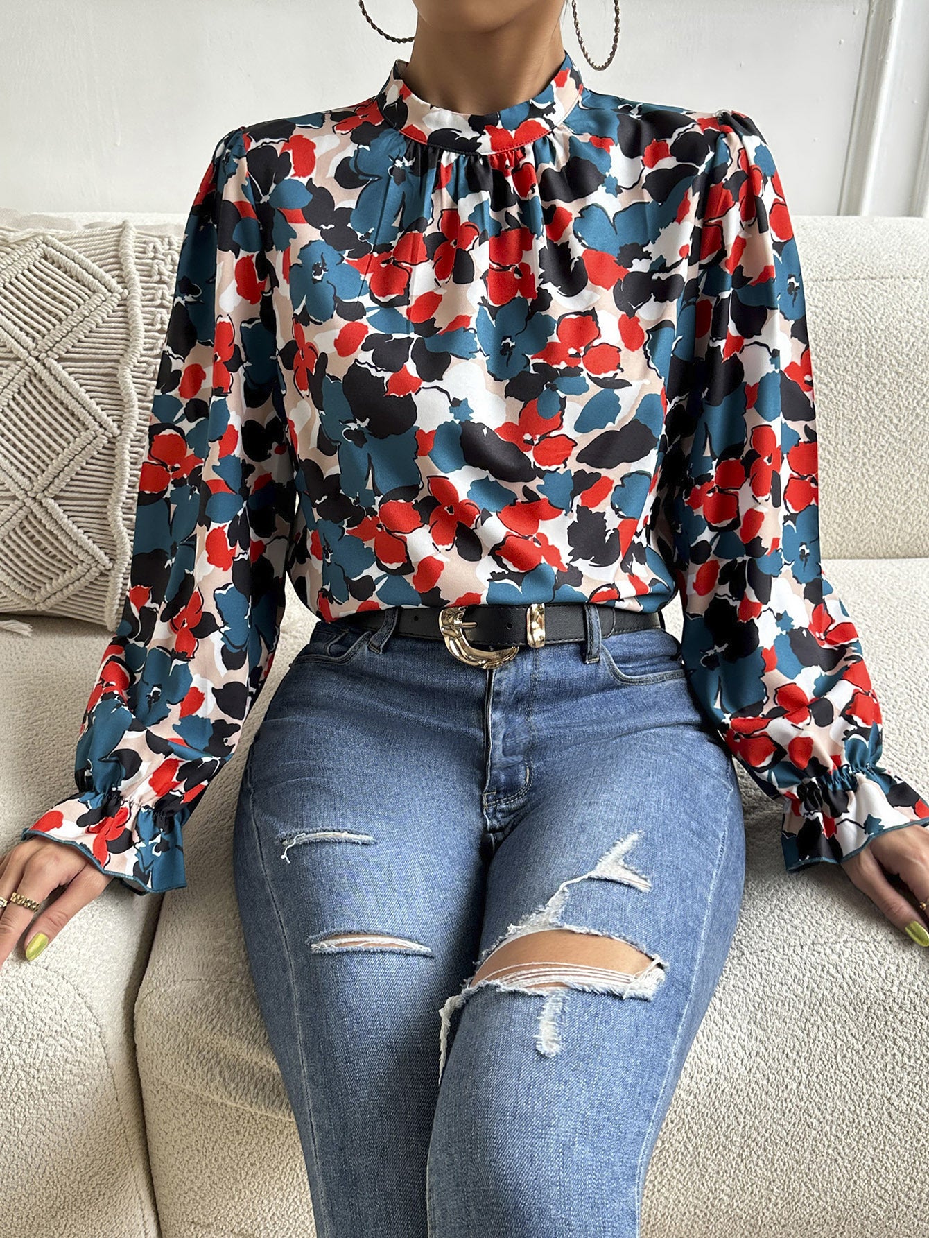 Floral Mock Neck Long Flounce Sleeve Blouse