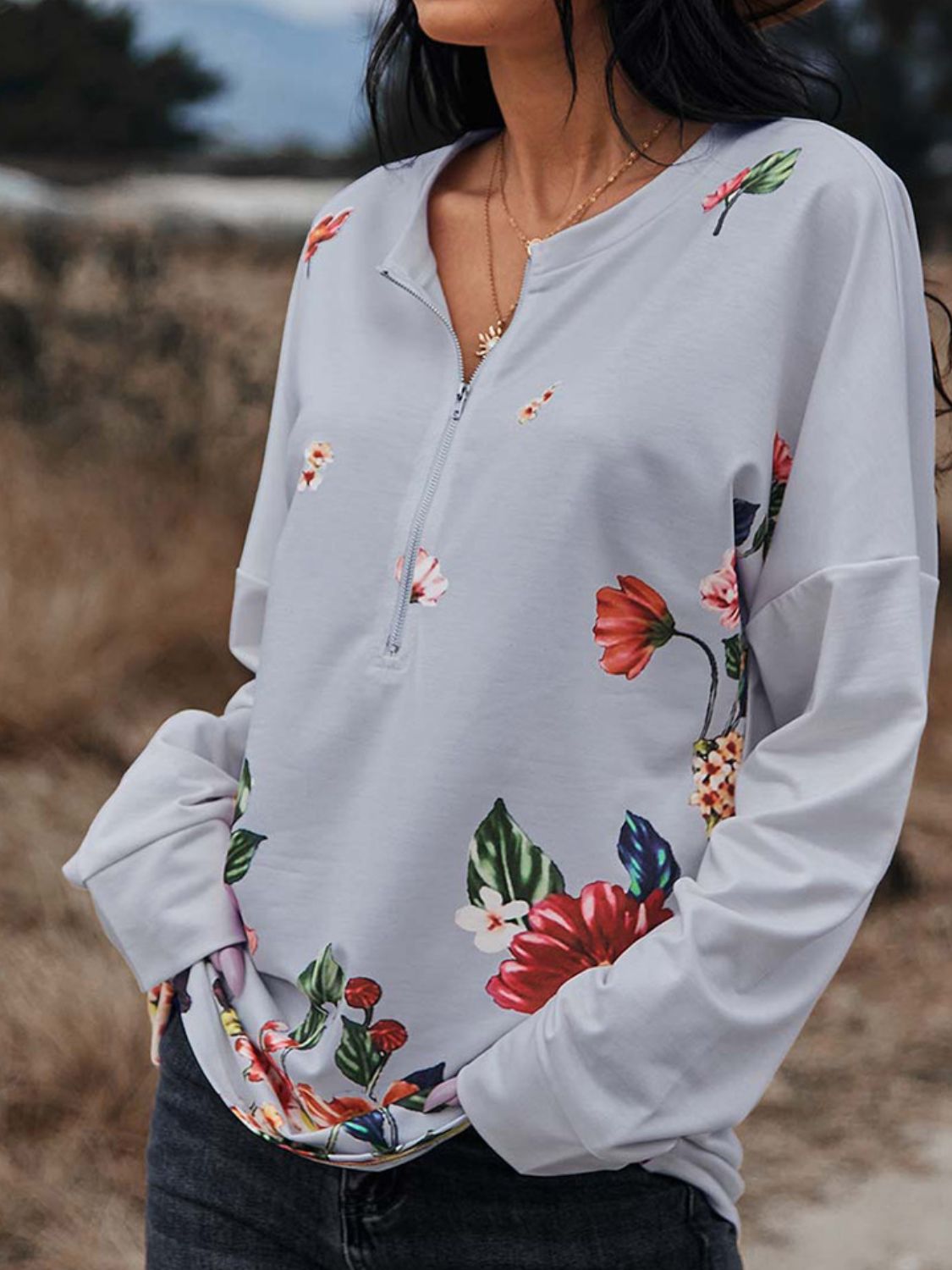 Floral Print Drop Shoulder Front Zipper Blouse