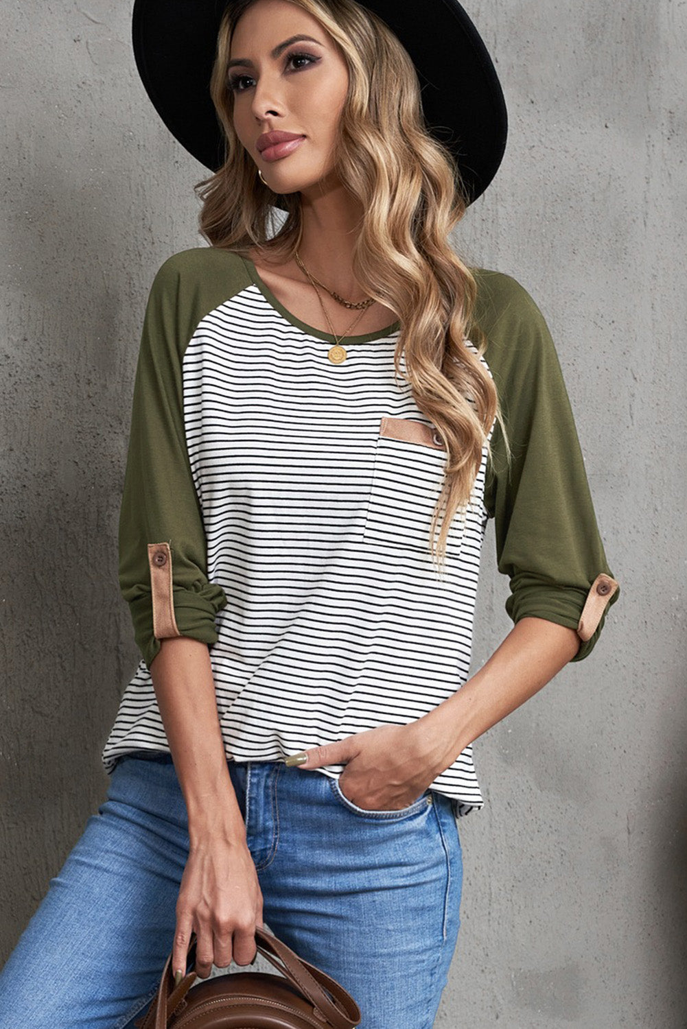 Striped Color Block Roll-Tab Sleeve Top