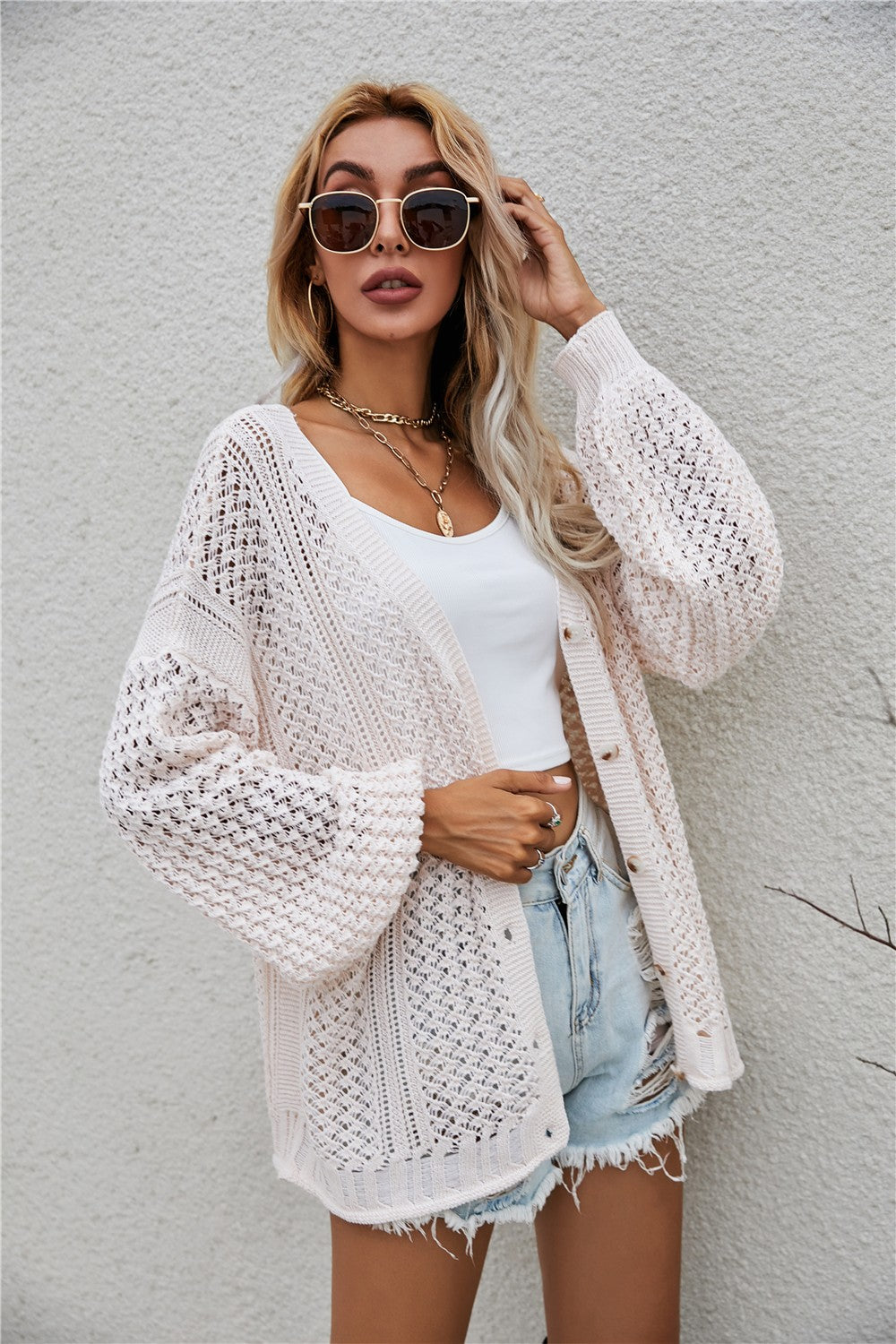 Openwork V-Neck Dropped Shoulder Cardigan