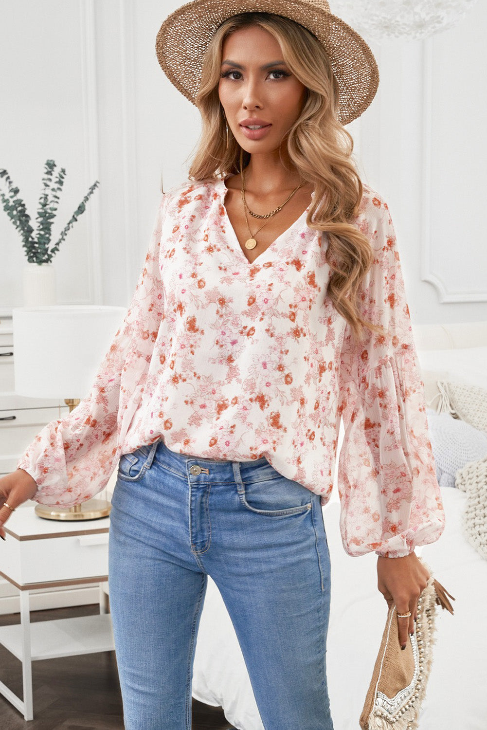 Floral Balloon Sleeve Notched Neck Blouse