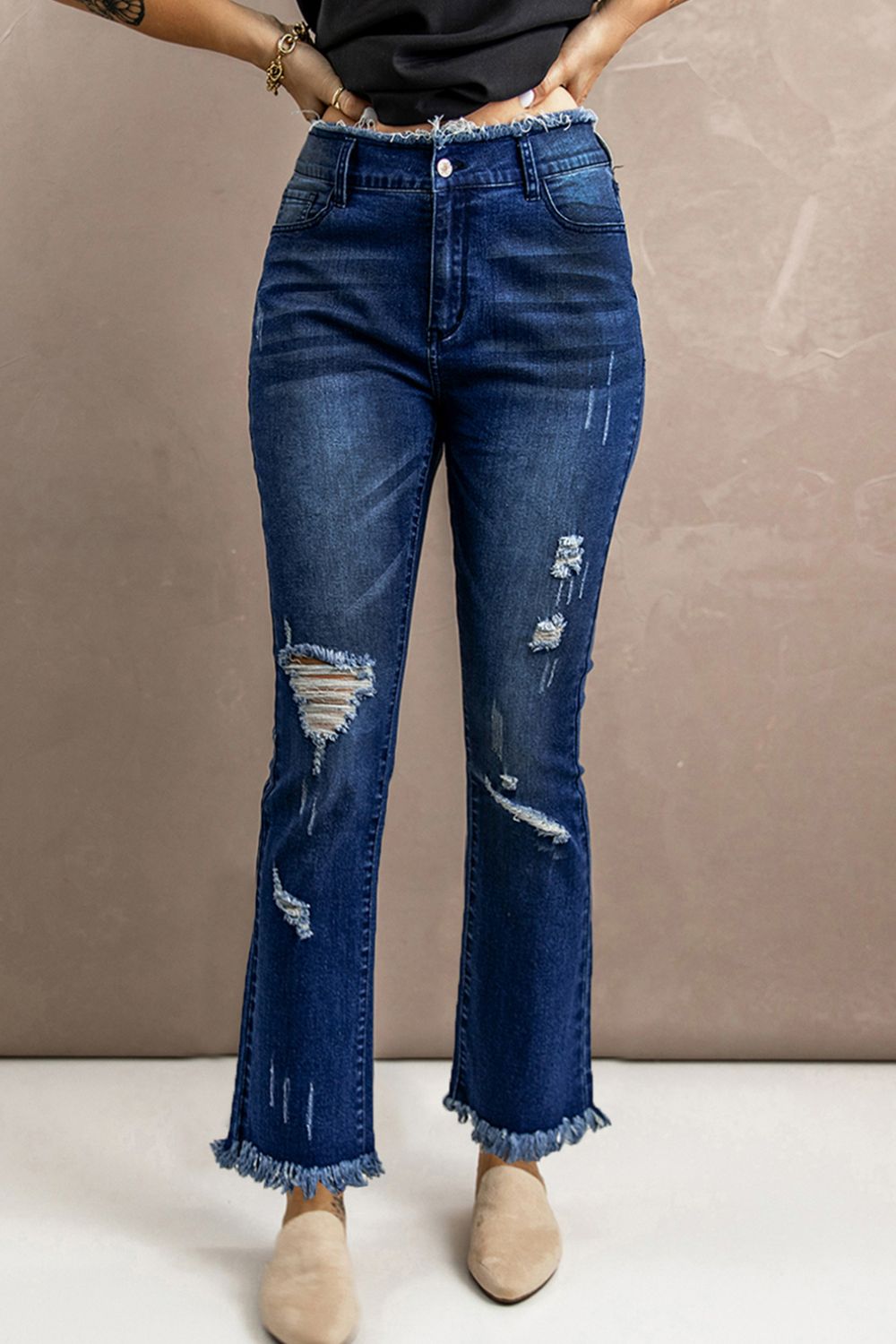 High Waist Distressed Raw Hem Jeans