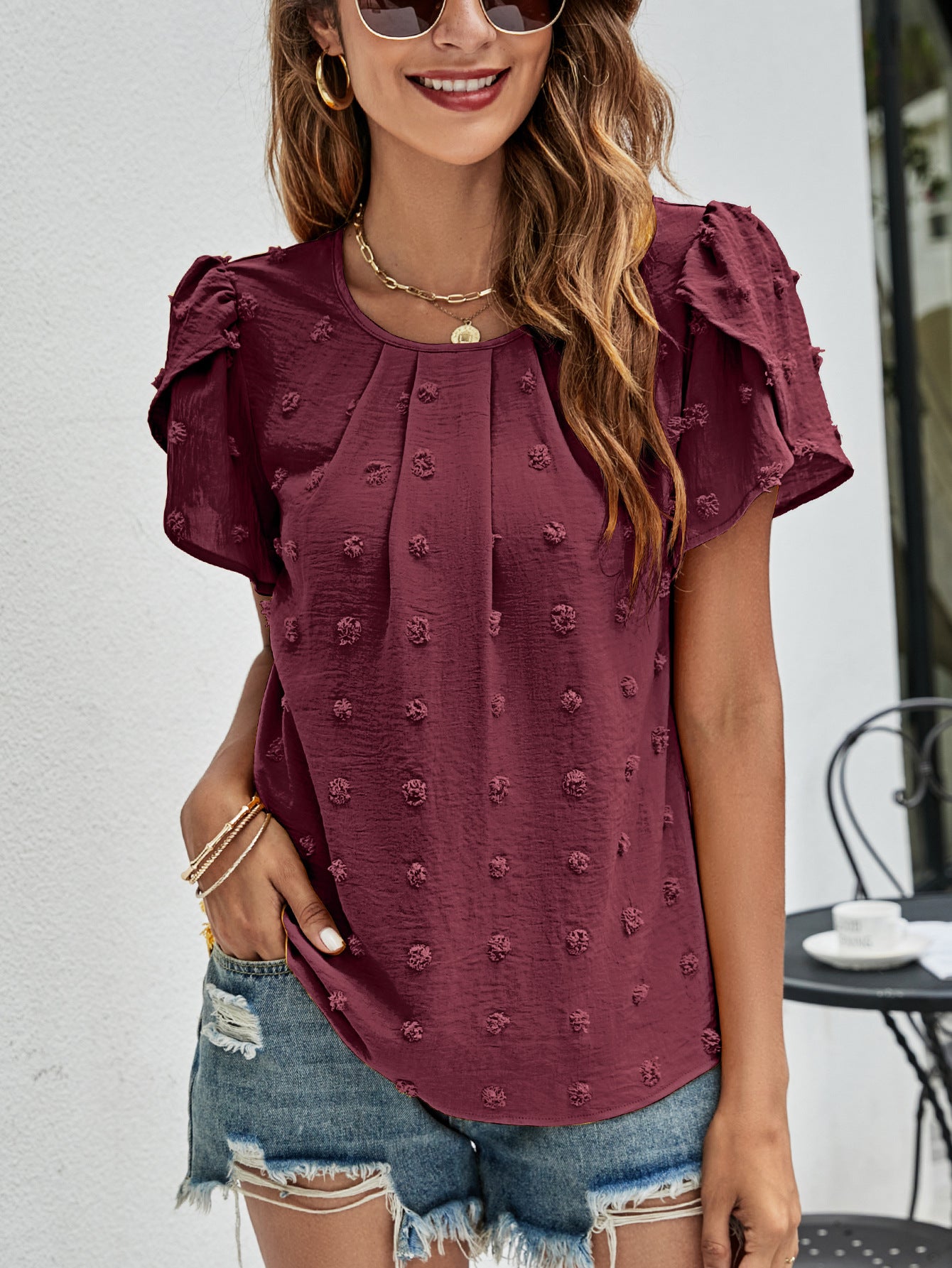 Swiss Dot Round Neck Petal Sleeve Top