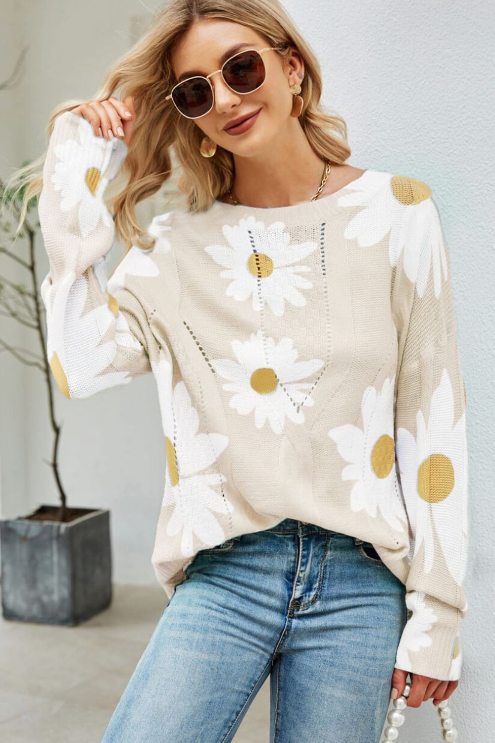 Daisy Print Openwork Round Neck Sweater