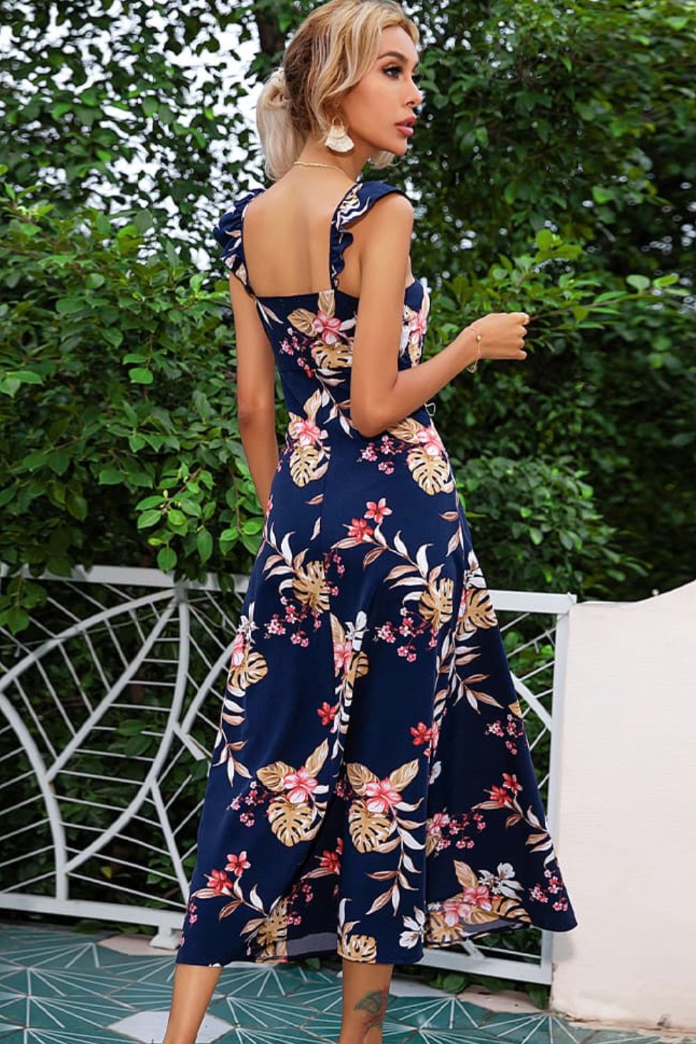 Floral Print Sleeveless Square Neck Slit Midi Dress