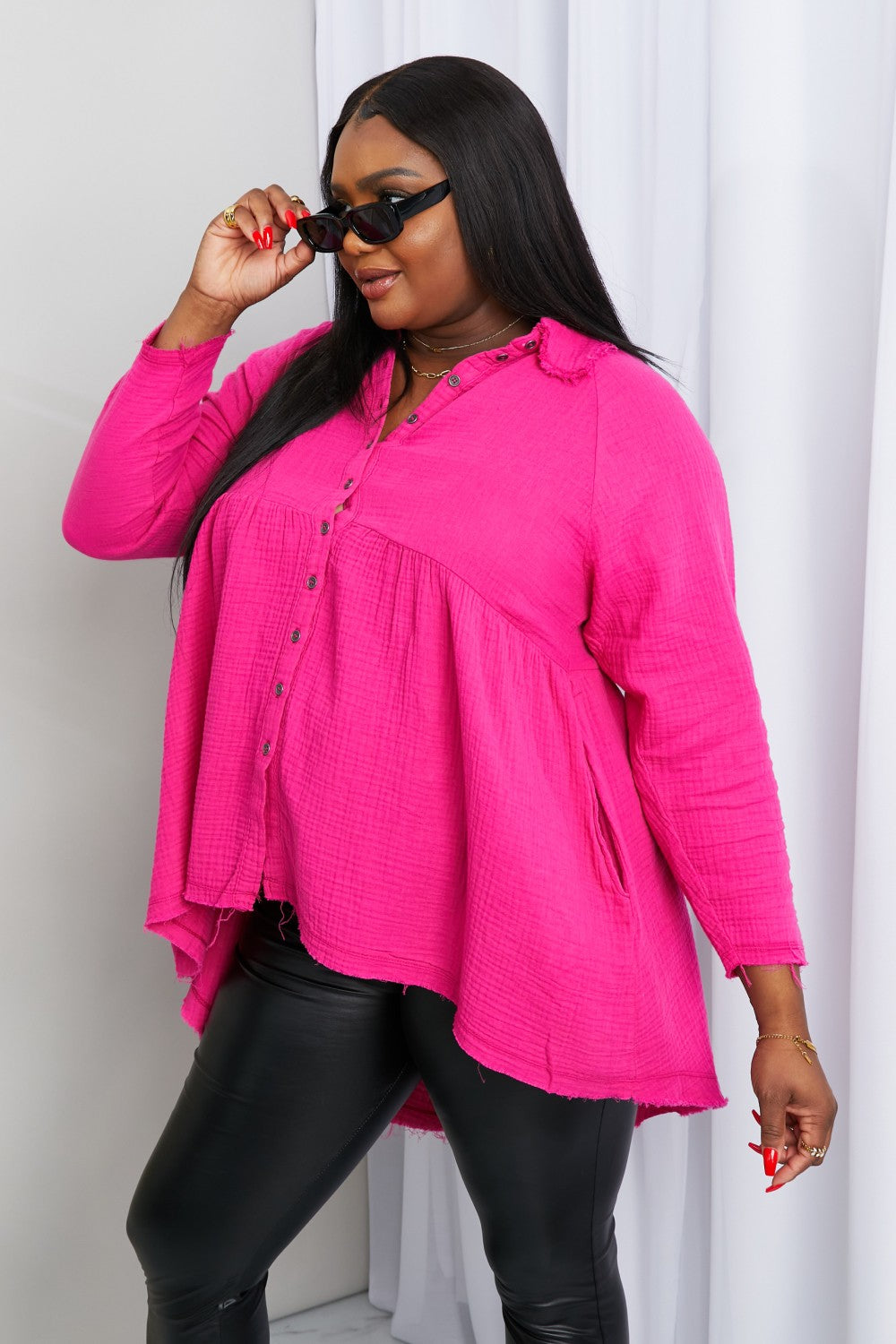 Zenana Bright and Airy Raw Edge Peplum Shirt with Pockets in Hot Pink