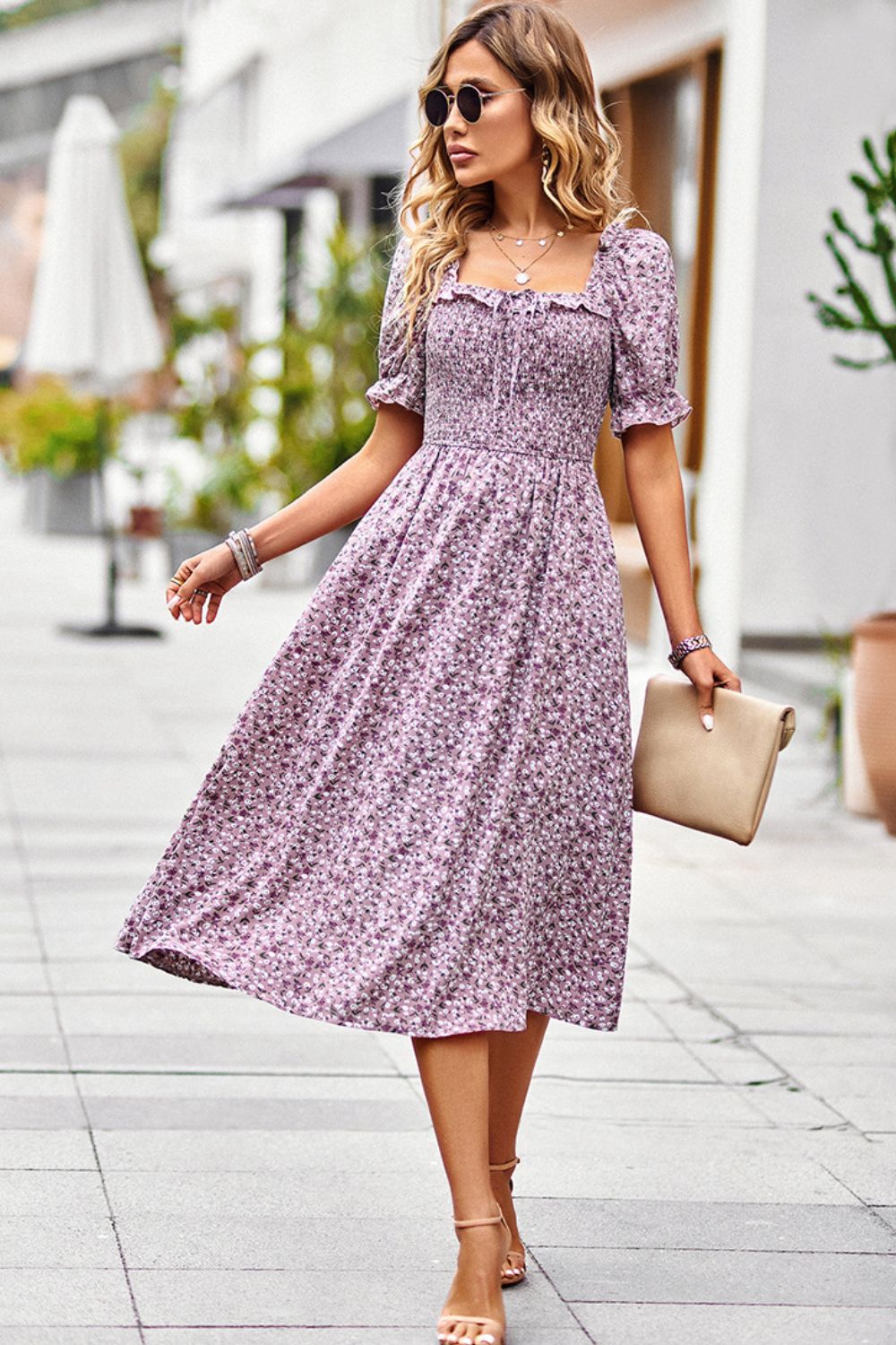 Floral Ruffled Square Neck Dress with Pockets