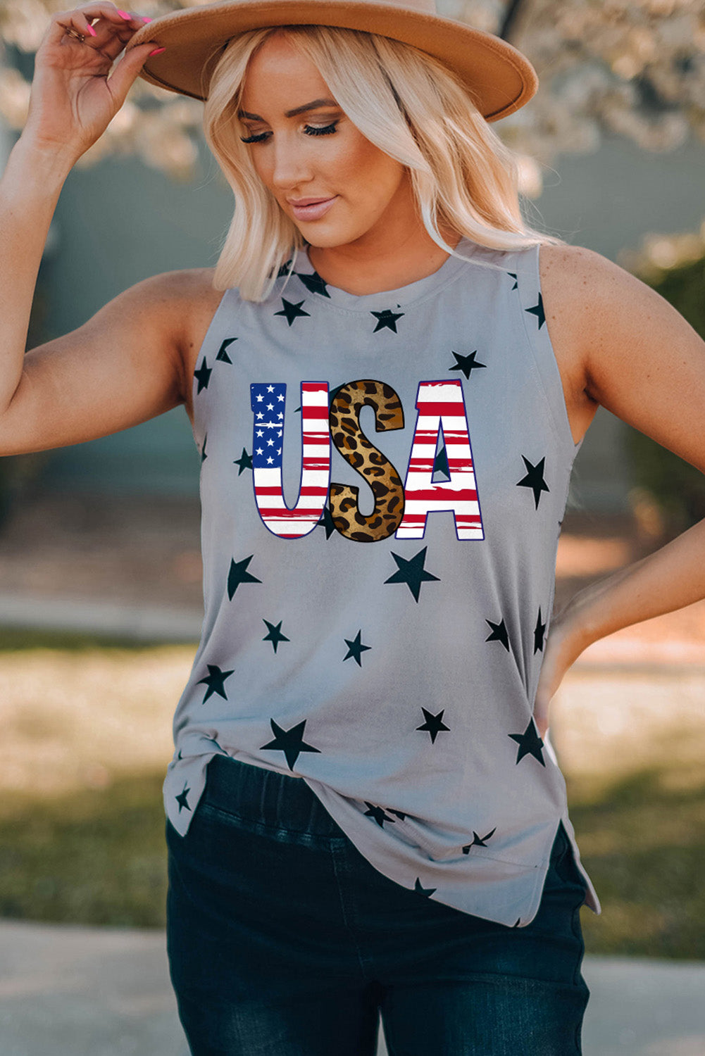 USA Star Print Tank with Slits