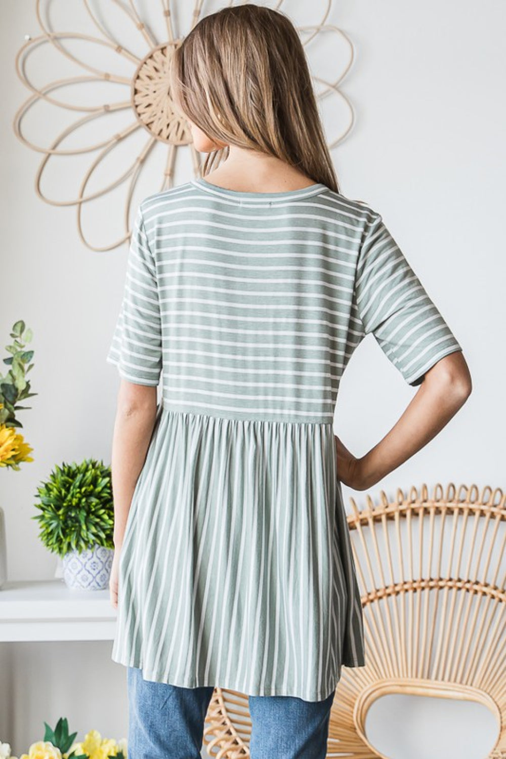 Heimish Full Size Striped Round Neck Babydoll Tee in Sage/Ivory