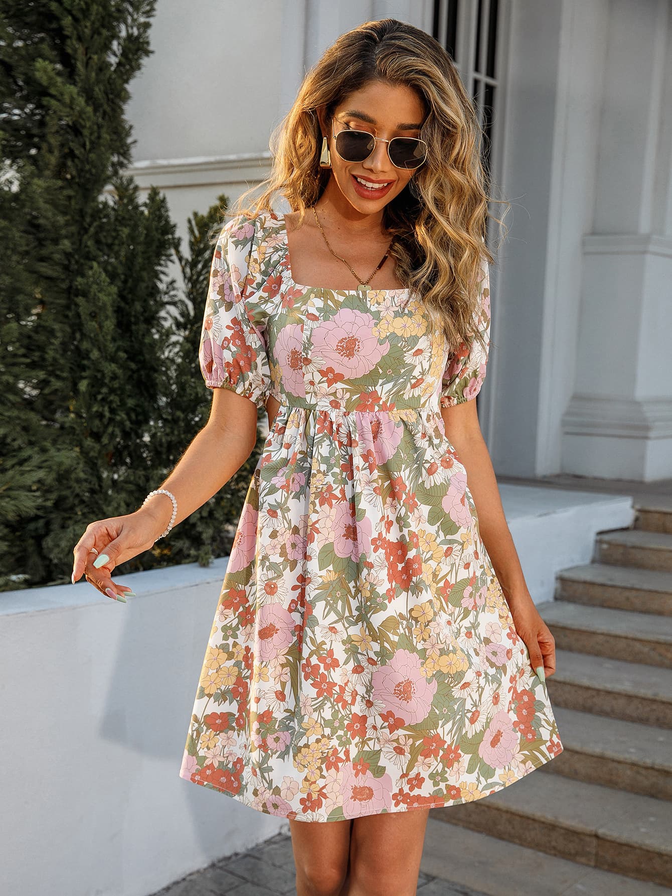 Floral Square Neck Cutout Mini Dress