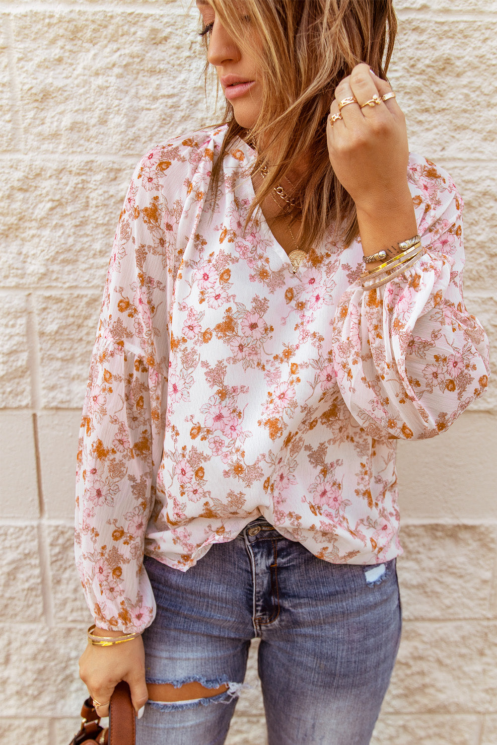 Floral Balloon Sleeve Notched Neck Blouse