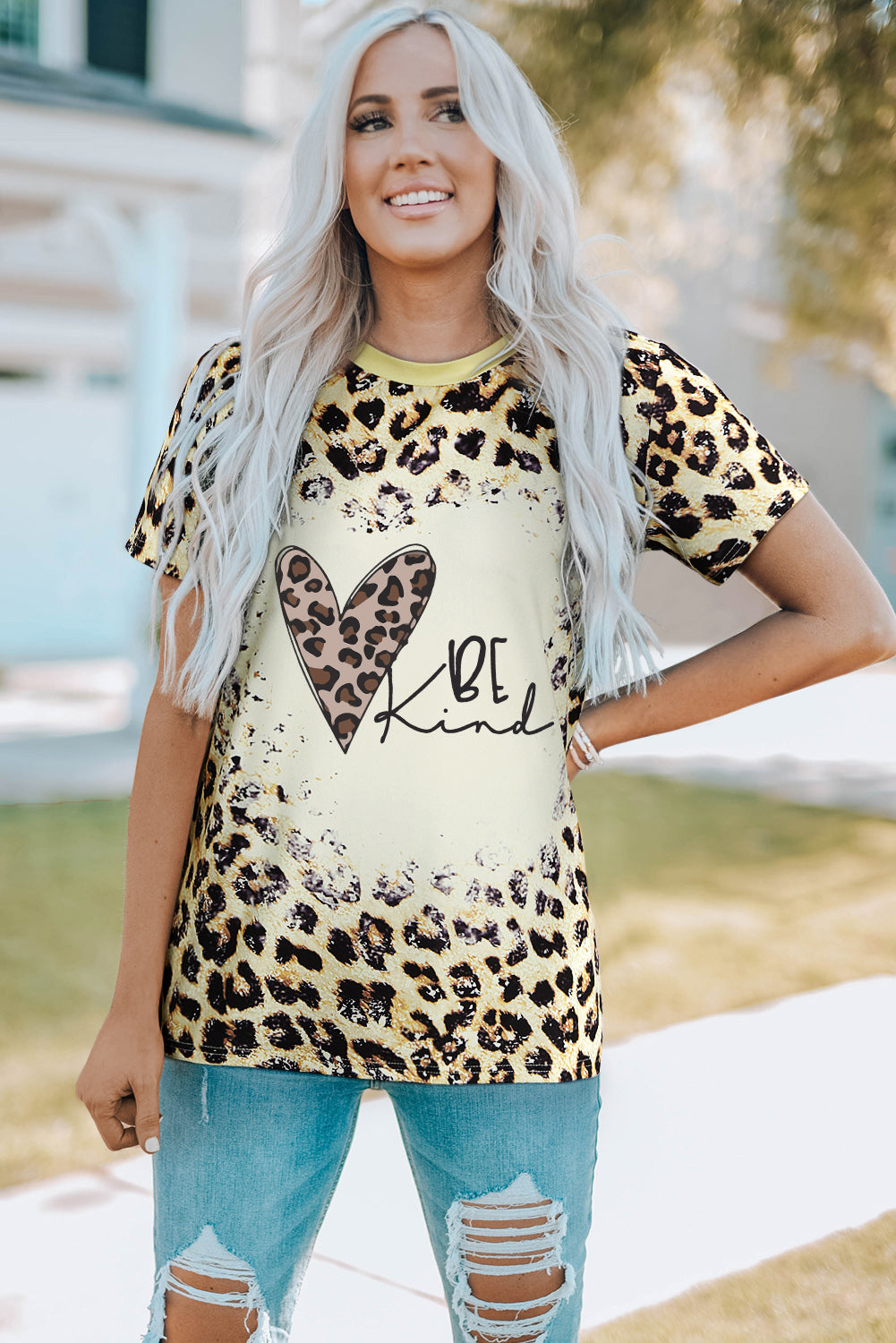 BE KIND Heart Graphic Leopard Round Neck Tee