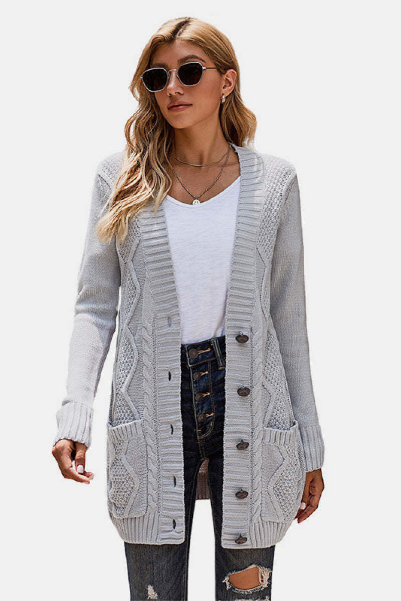 Button Pocket Cable Knit Cardigan